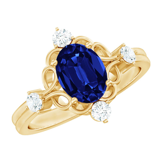 6X8 mm Oval Cut Lab Grown Blue Sapphire Oblong Engagement Ring with Diamond
