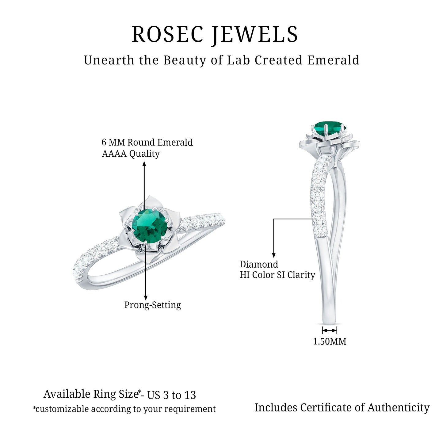 Certified Lab Grown Emerald Diamond Flower Engagement Ring