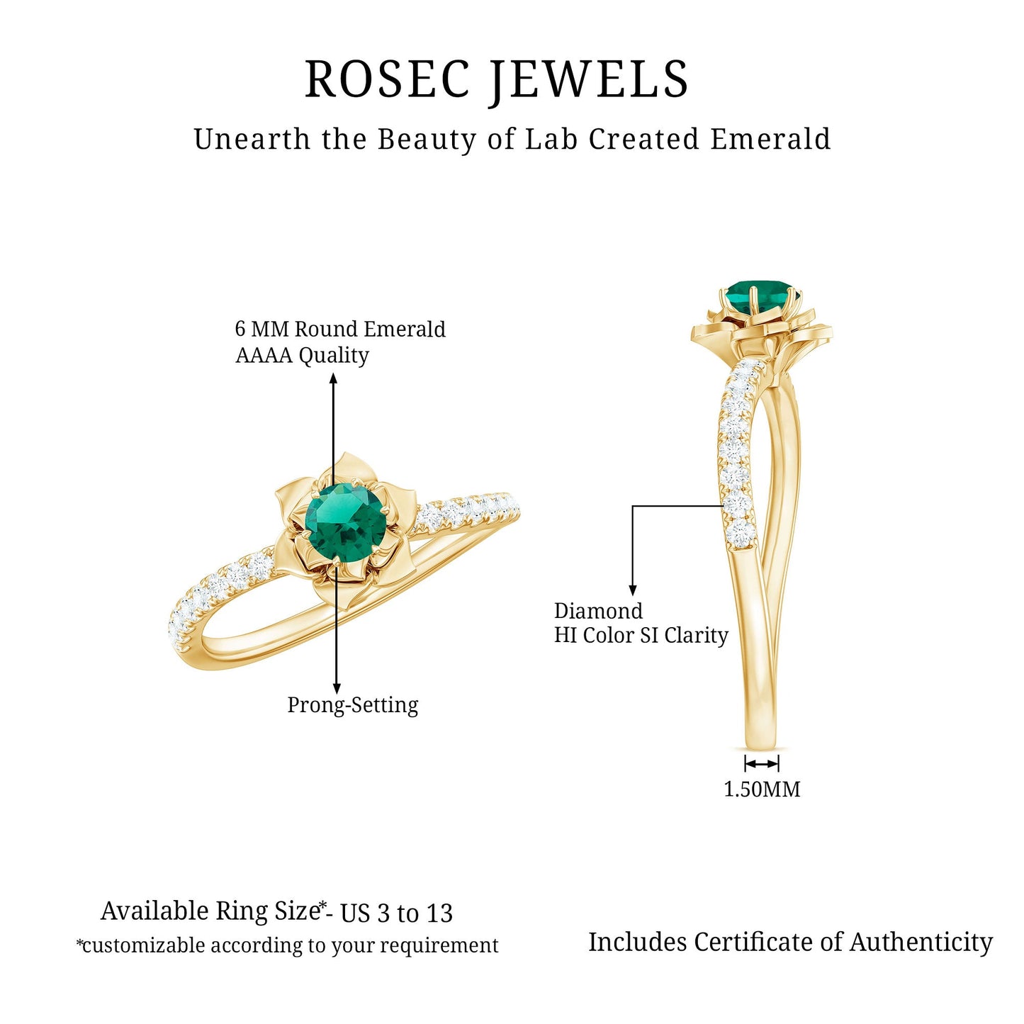 Certified Lab Grown Emerald Diamond Flower Engagement Ring