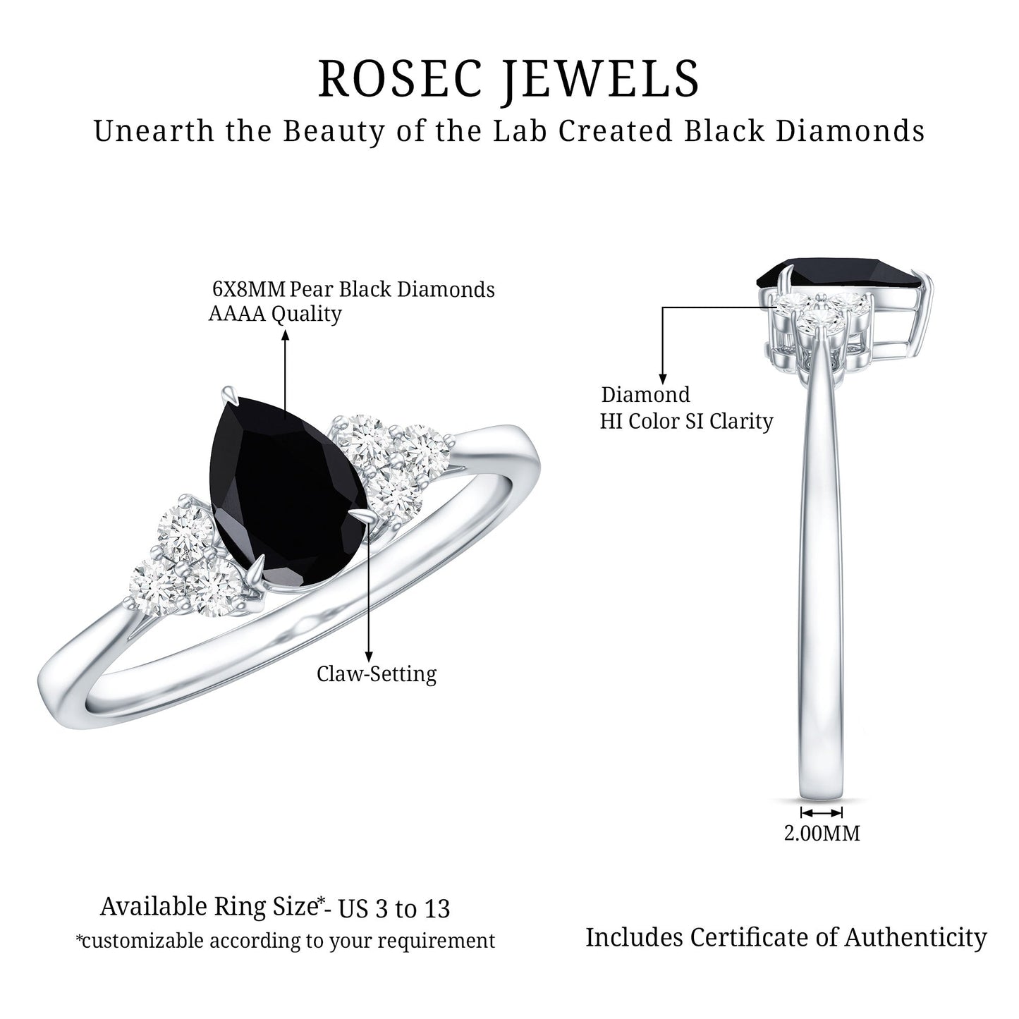 1 CT Pear Shaped Created Black Diamond Solitaire Ring with Diamond