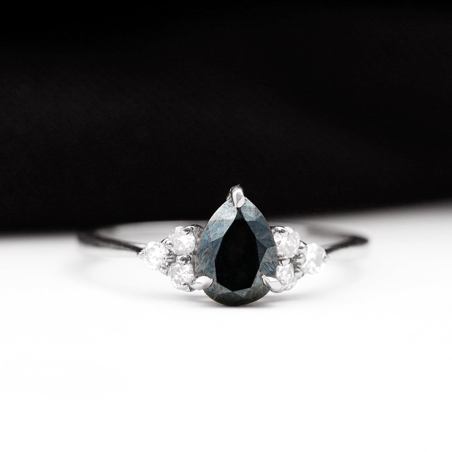 1 CT Pear Shaped Created Black Diamond Solitaire Ring with Diamond