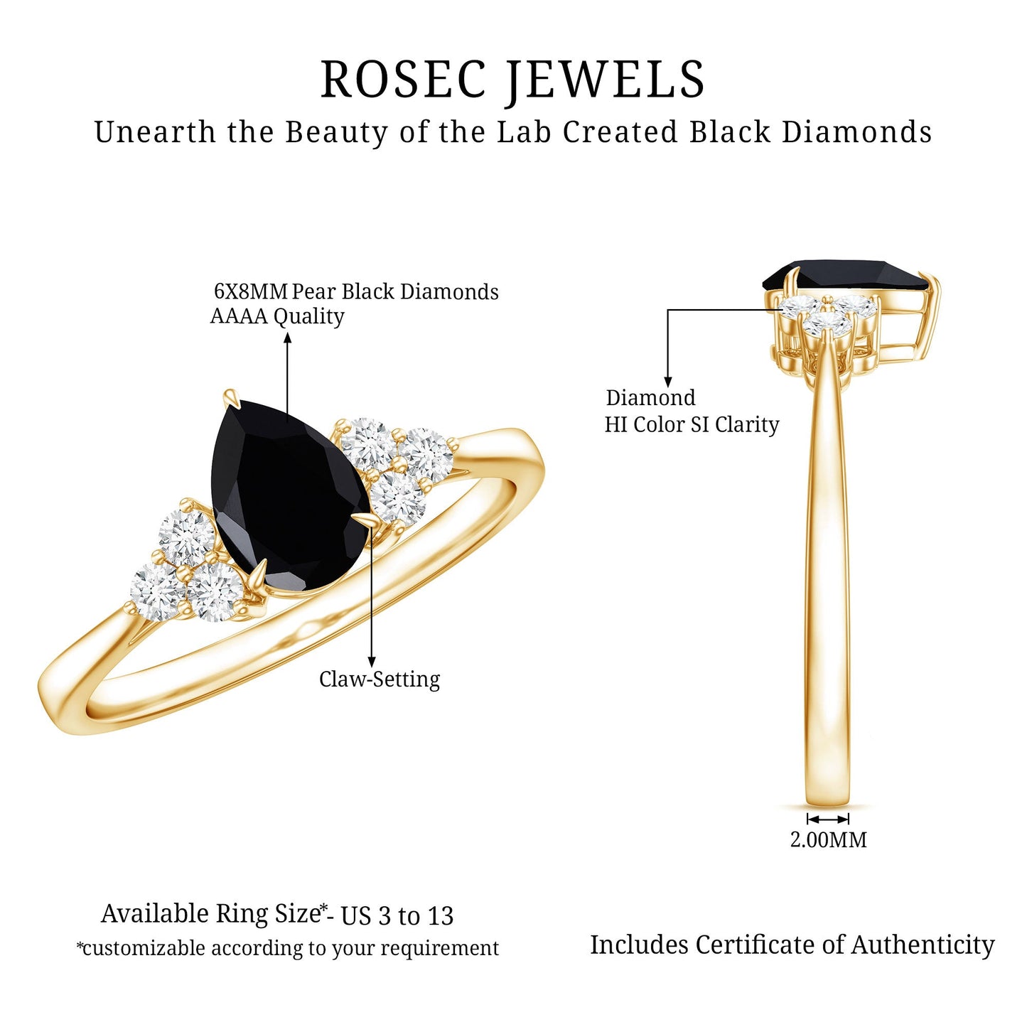 1 CT Pear Shaped Created Black Diamond Solitaire Ring with Diamond