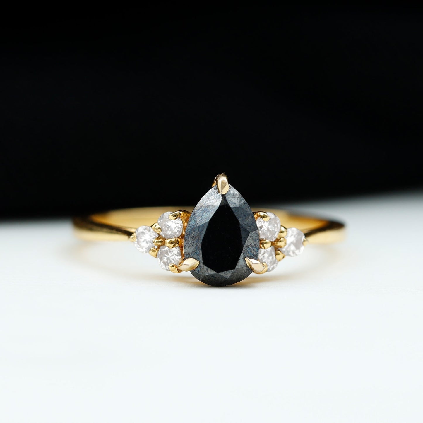 1 CT Pear Shaped Created Black Diamond Solitaire Ring with Diamond