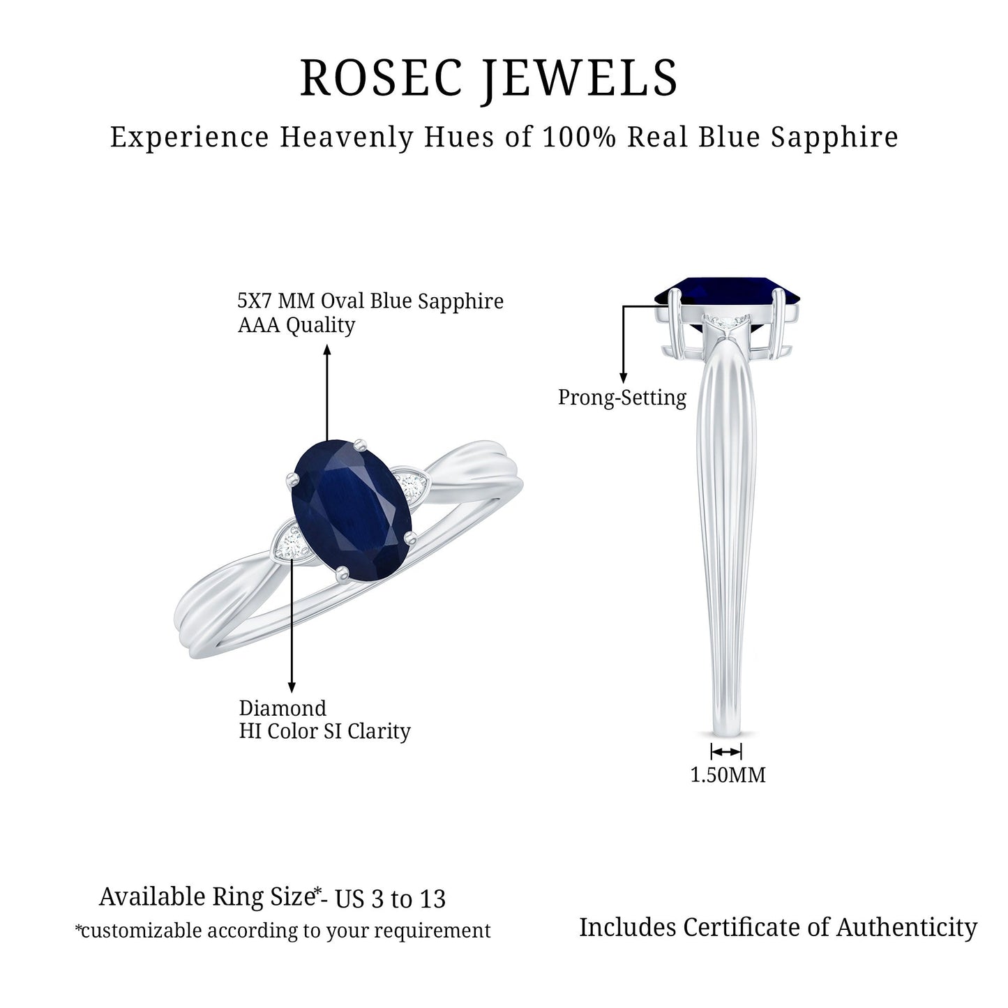 Oval Shape Real Blue Sapphire Solitaire Ring with Diamond