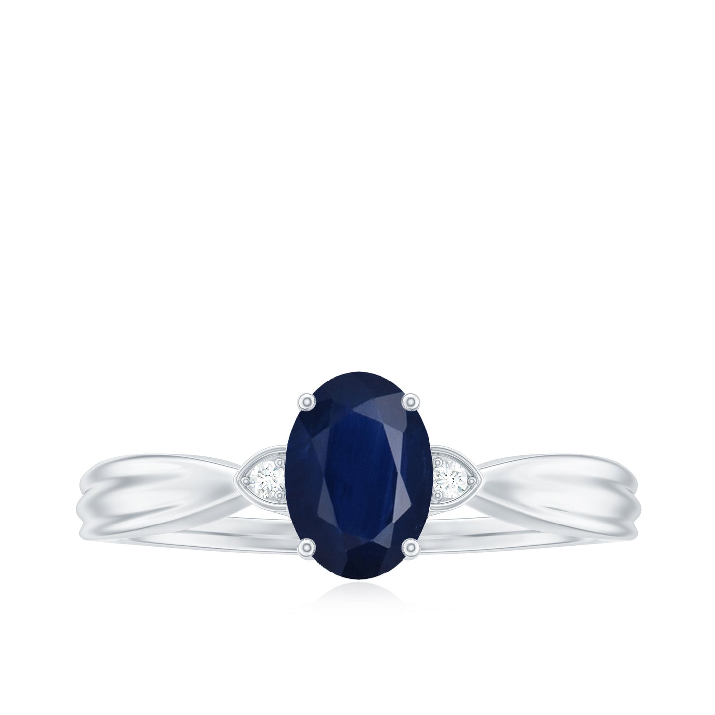 Oval Shape Real Blue Sapphire Solitaire Ring with Diamond