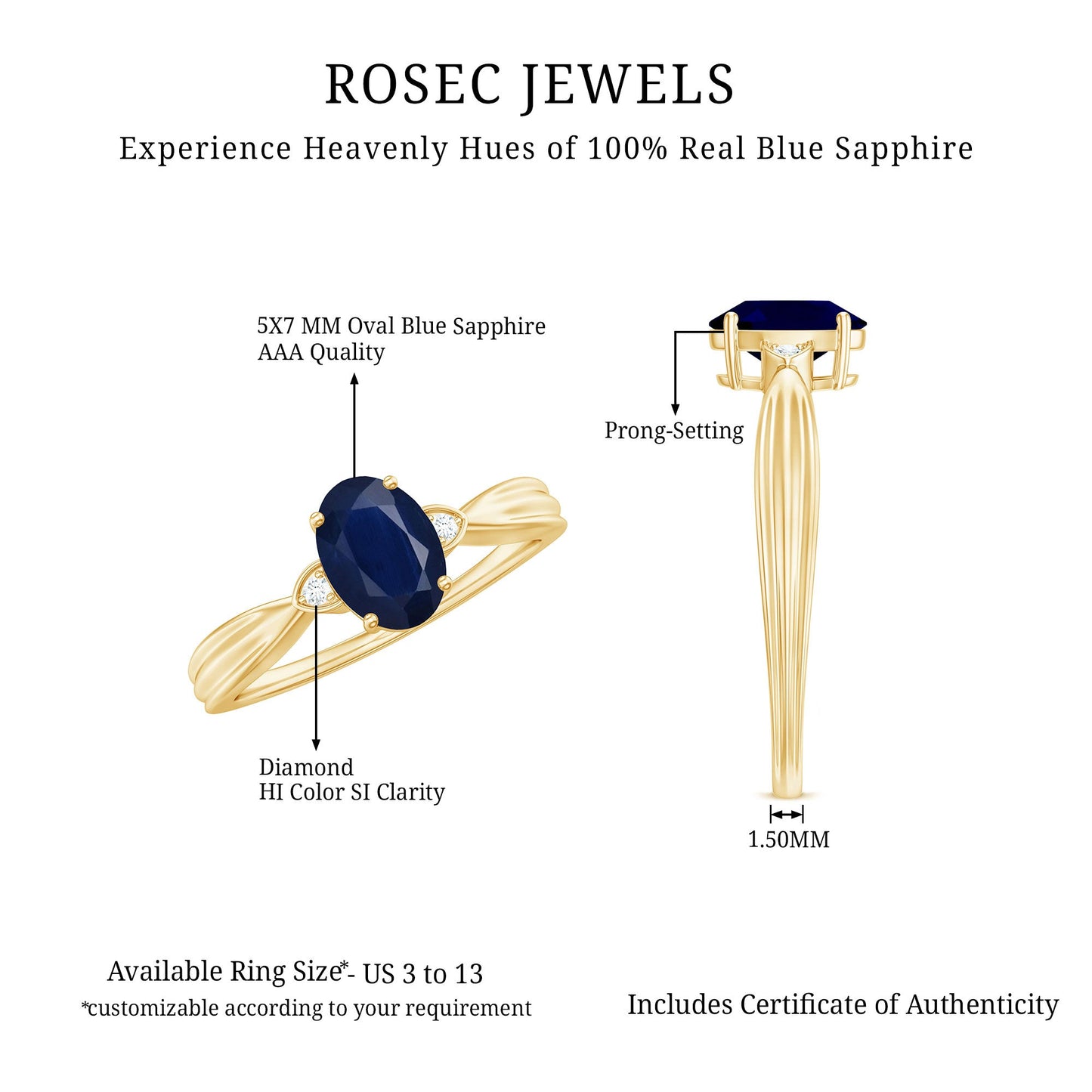 Oval Shape Real Blue Sapphire Solitaire Ring with Diamond