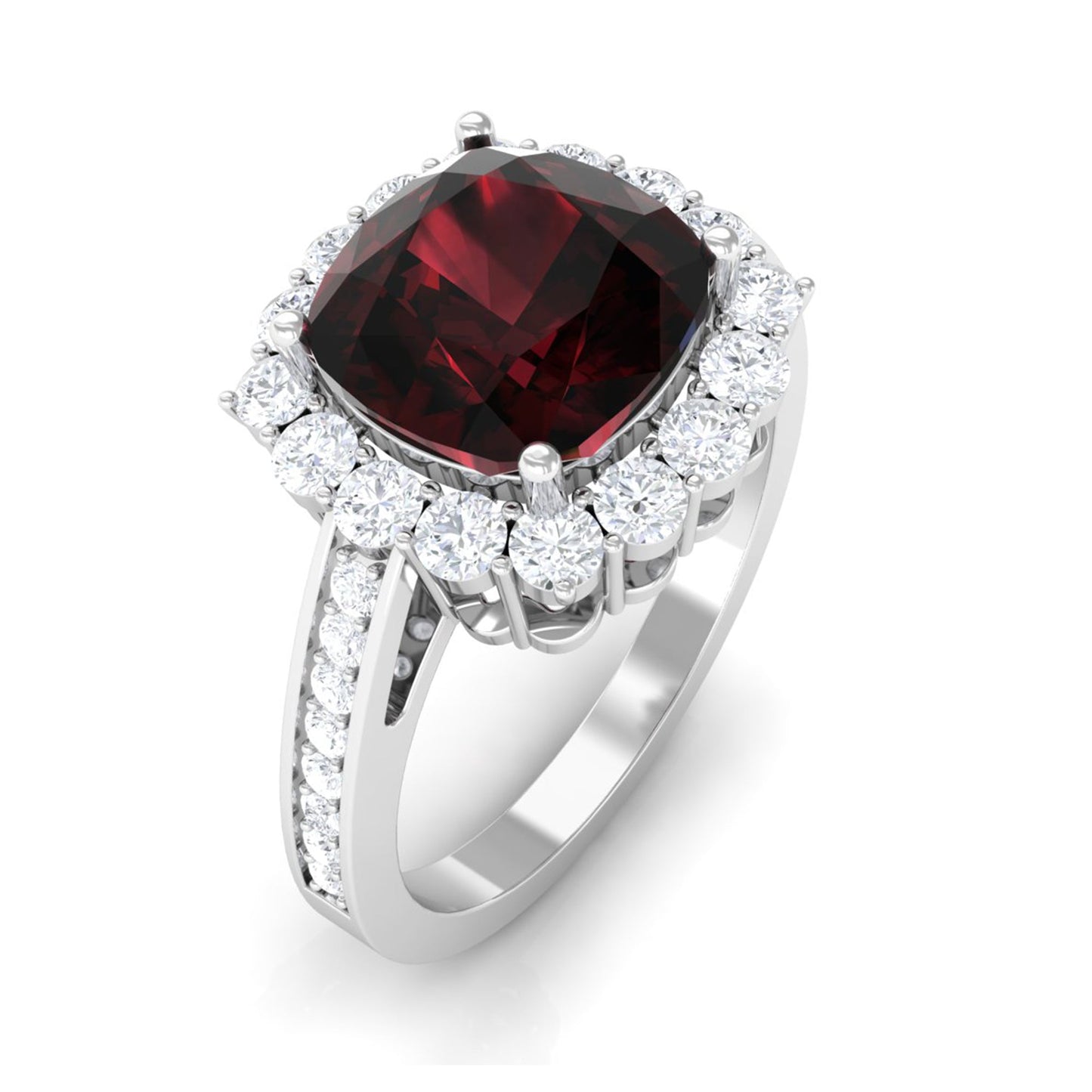 Real 8mm Garnet Cushion Cut Engagement Ring with Diamond Halo