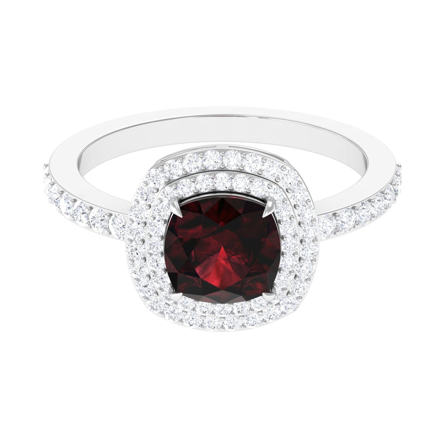 Natural 8mm Cushion Cut Garnet Diamond Double Halo Engagement Ring