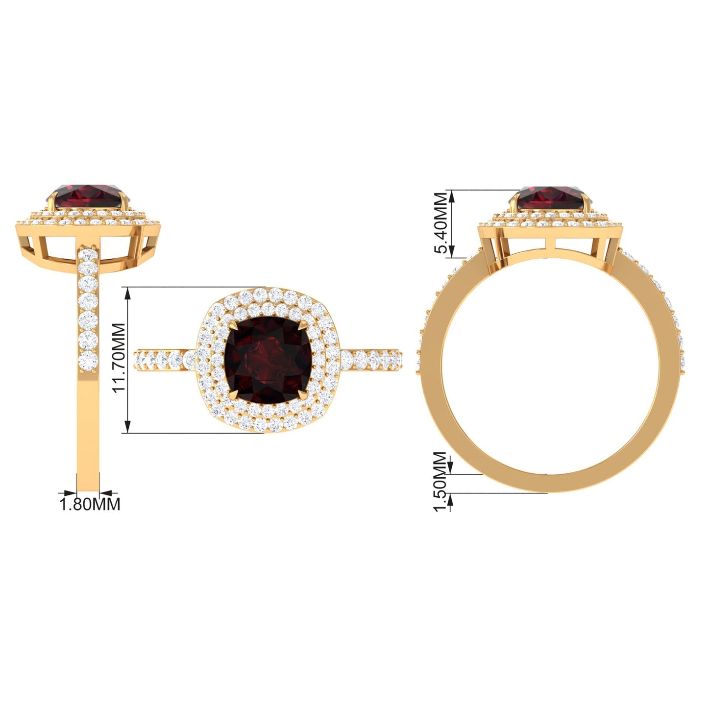 Natural 8mm Cushion Cut Garnet Diamond Double Halo Engagement Ring