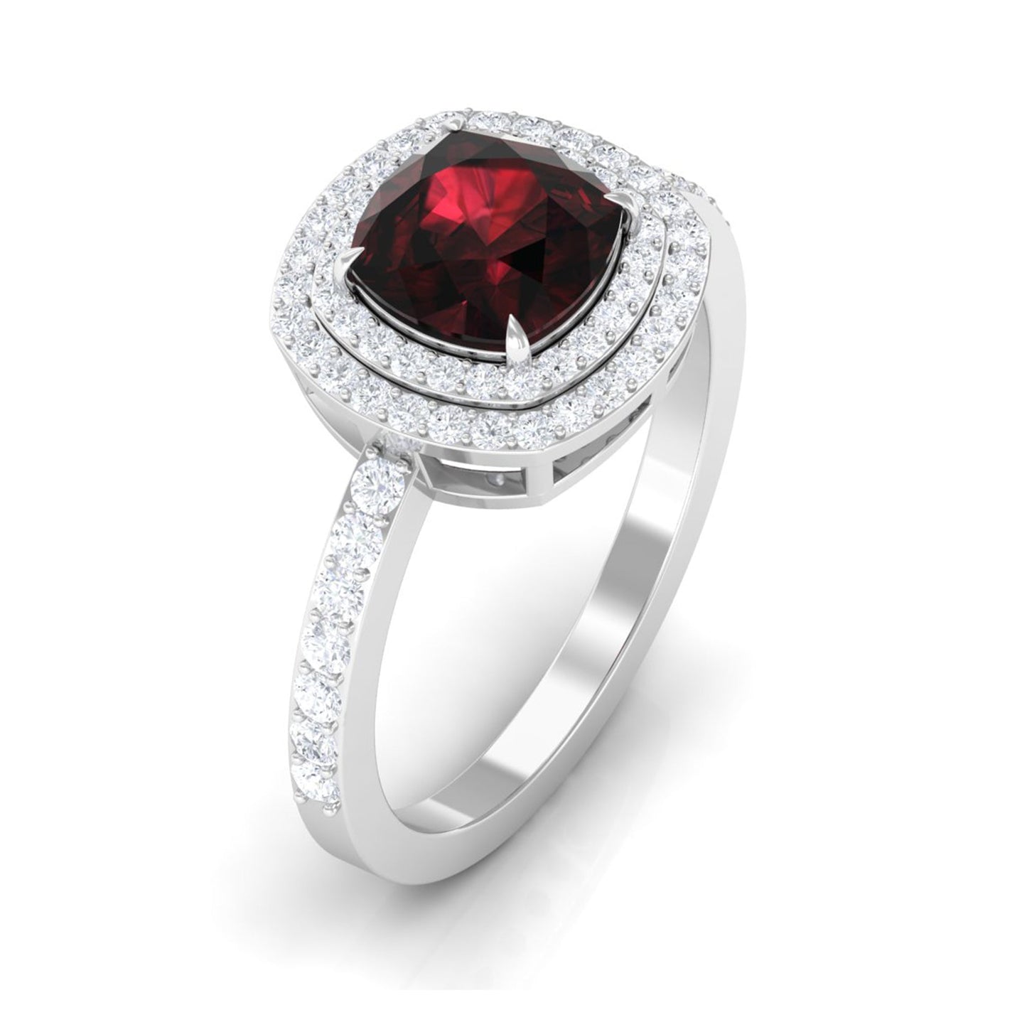 Natural 8mm Cushion Cut Garnet Diamond Double Halo Engagement Ring