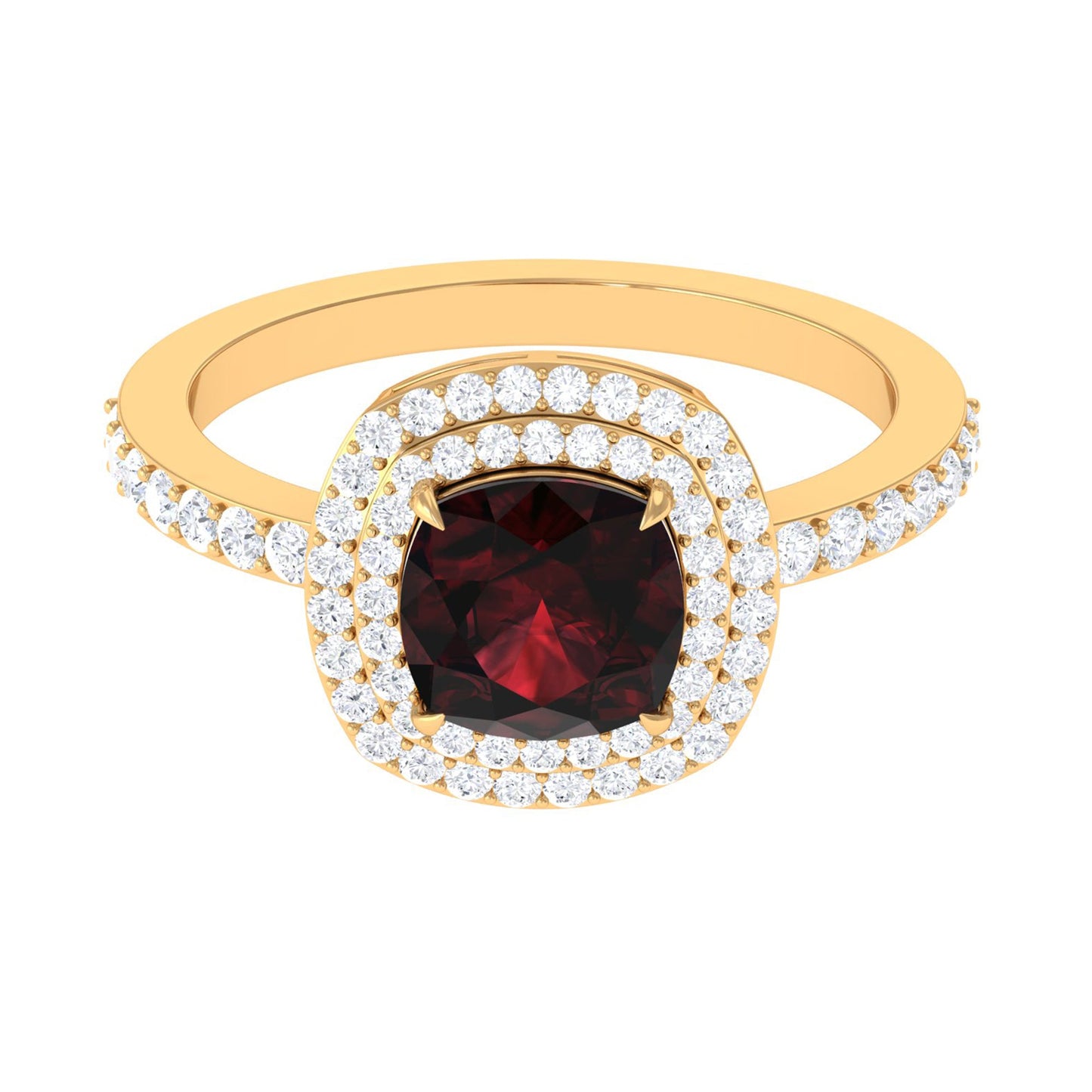 Natural 8mm Cushion Cut Garnet Diamond Double Halo Engagement Ring