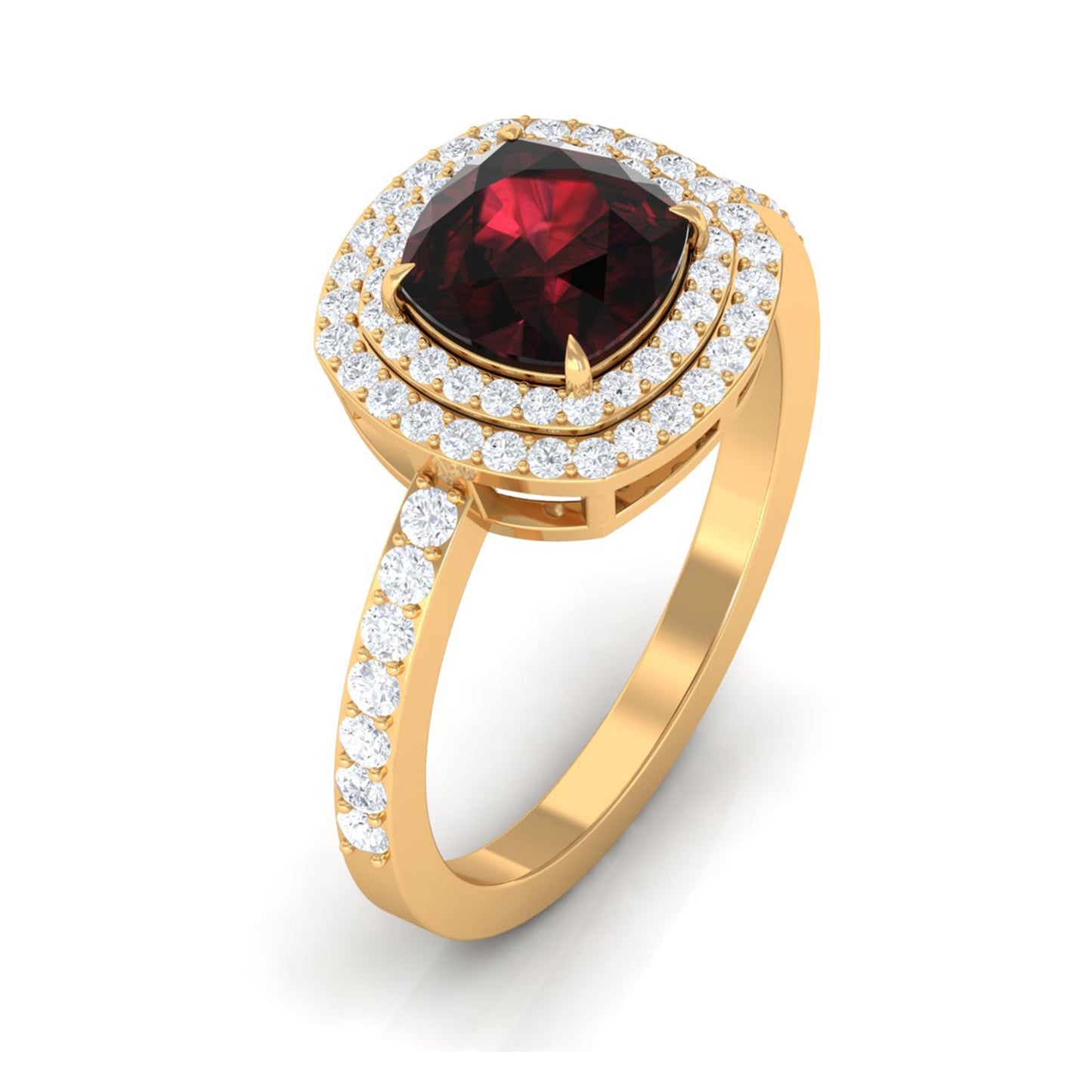 Natural 8mm Cushion Cut Garnet Diamond Double Halo Engagement Ring