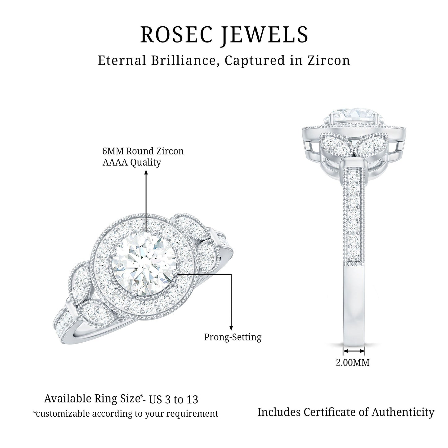 Vintage Inspired Cubic Zirconia Halo Engagement Ring for Women