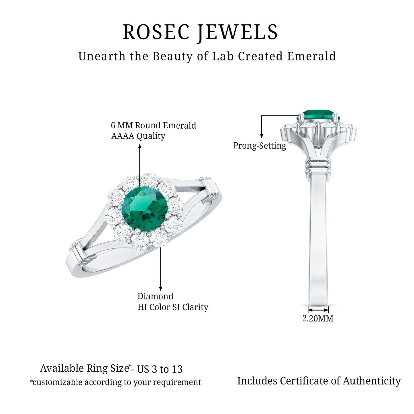 Certified 6mm Lab Grown Emerald Diamond Flower Engagement Ring with Split Shank
