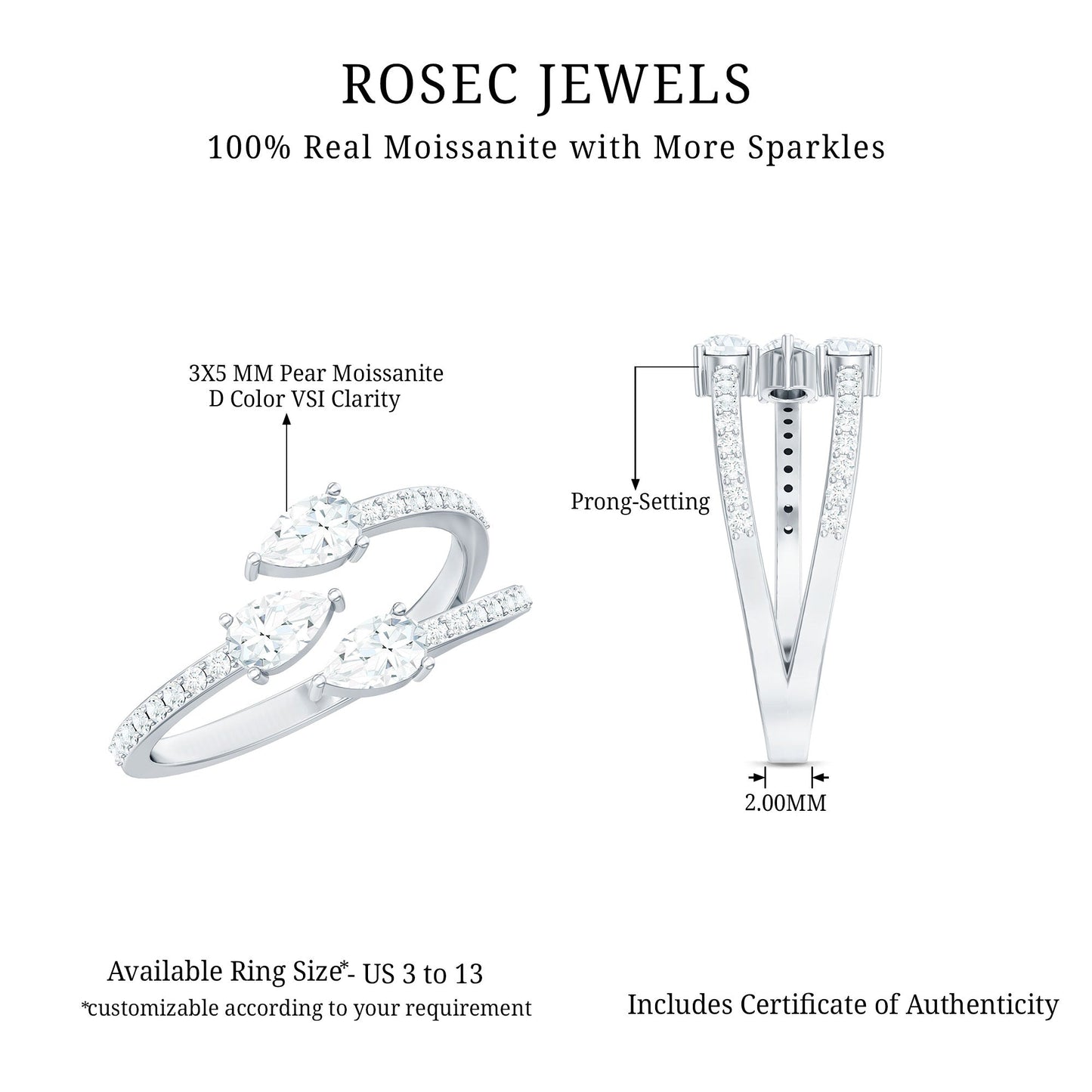 East West Style Moissanite 3 Stone Wrap Ring