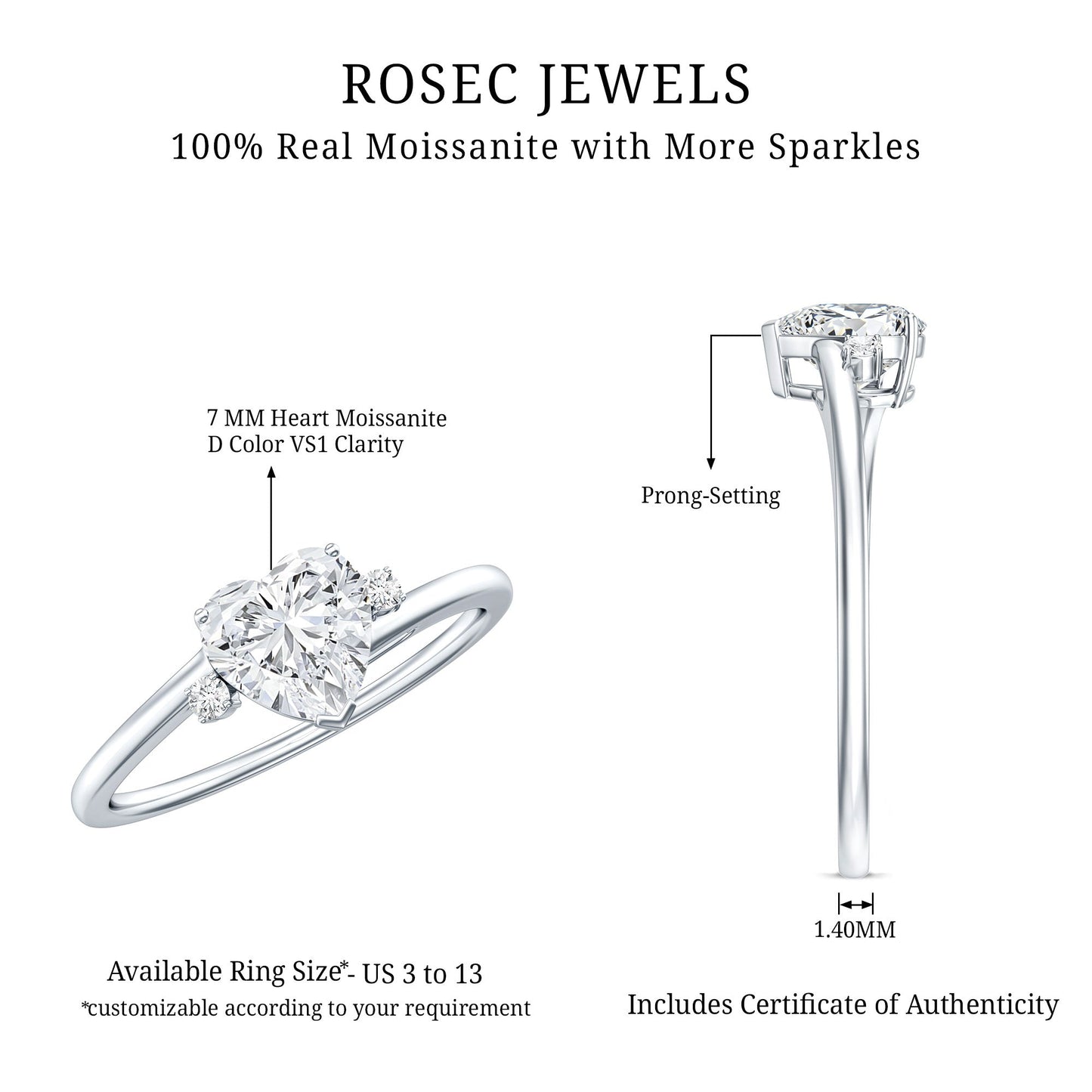 1 CT Solitaire Moissanite Heart Promise Ring