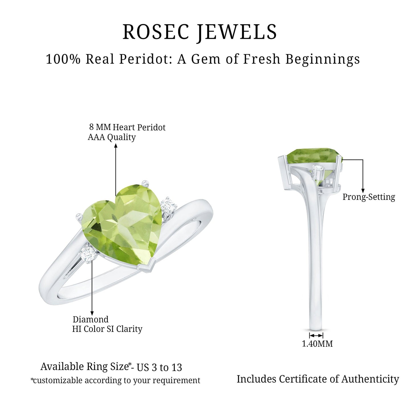 Real 2 Carat Peridot Heart Engagement Ring with Diamond
