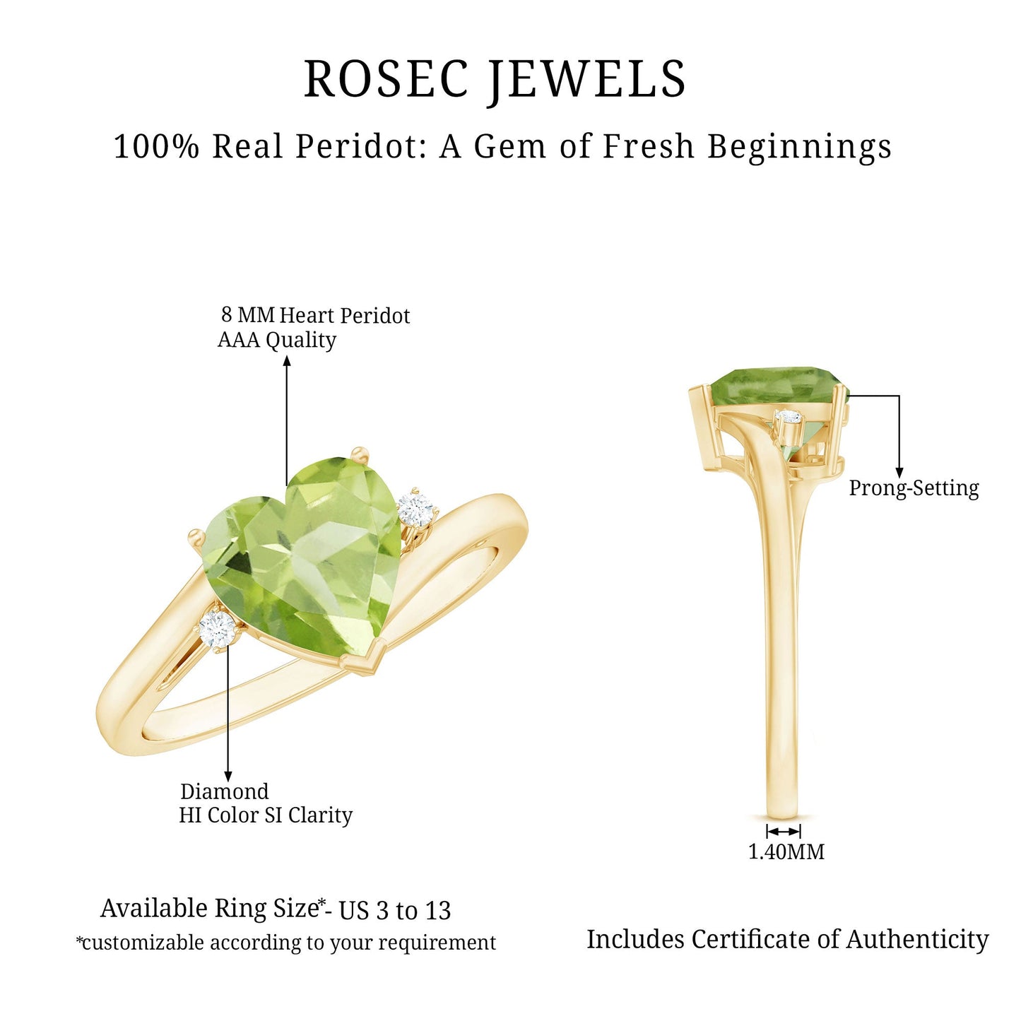 Real 2 Carat Peridot Heart Engagement Ring with Diamond