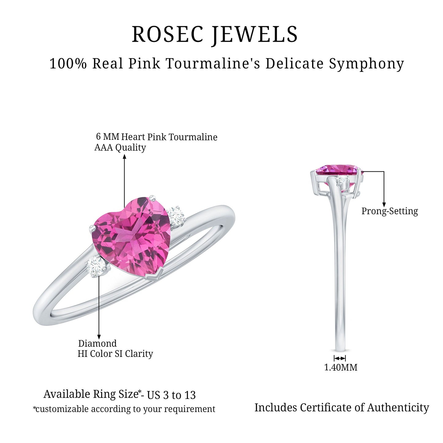 1 CT Heart Shape Pink Tourmaline Solitaire Promise Ring with Diamond