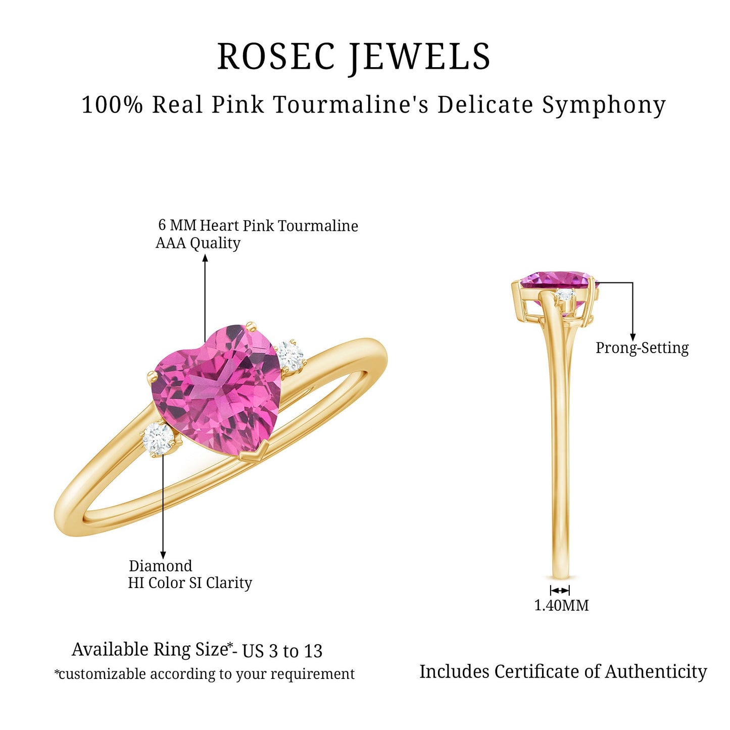 1 CT Heart Shape Pink Tourmaline Solitaire Promise Ring with Diamond