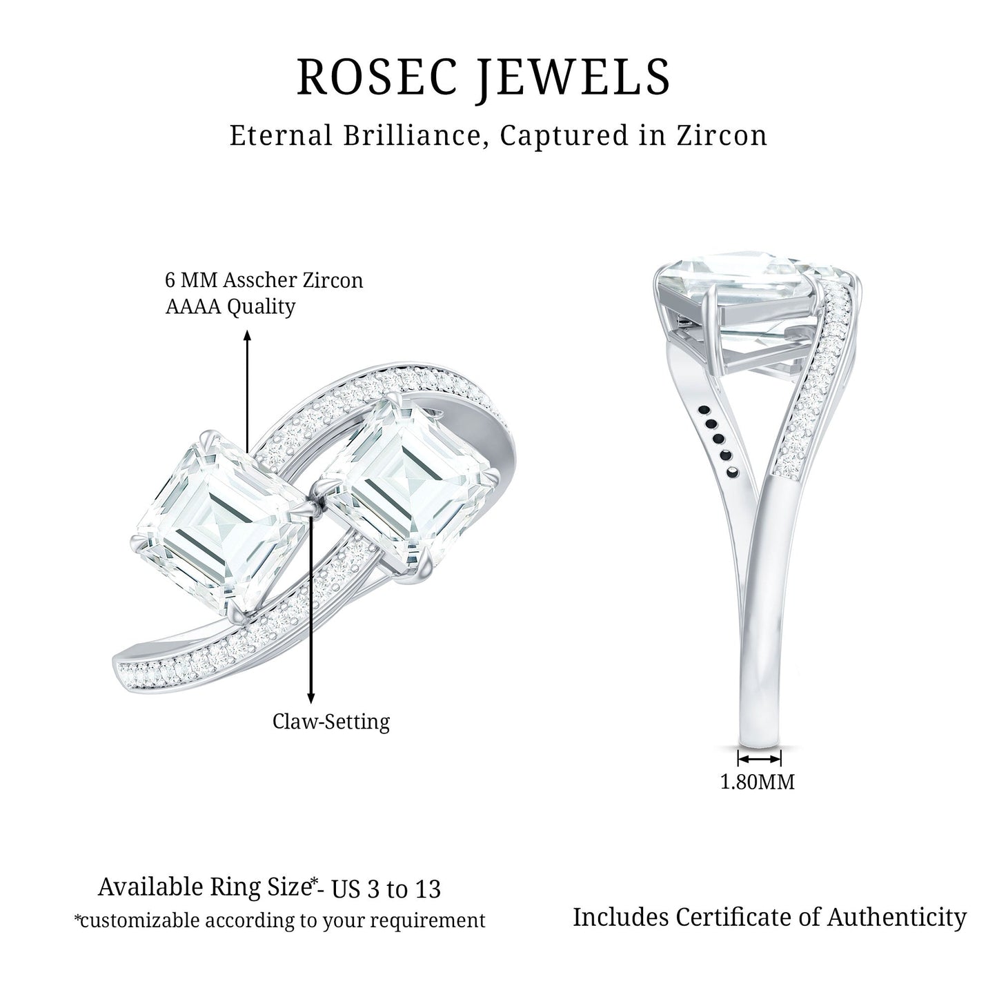 Asscher Cut Cubic Zirconia Two Stone Engagement Ring