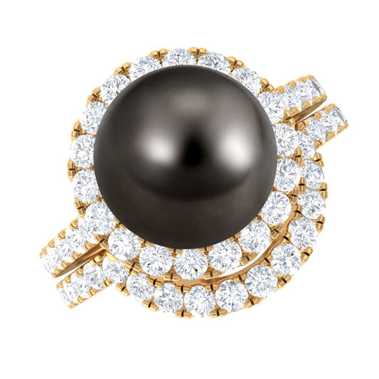 9 CT Tahitian Pearl and Diamond Halo Wedding Ring Set