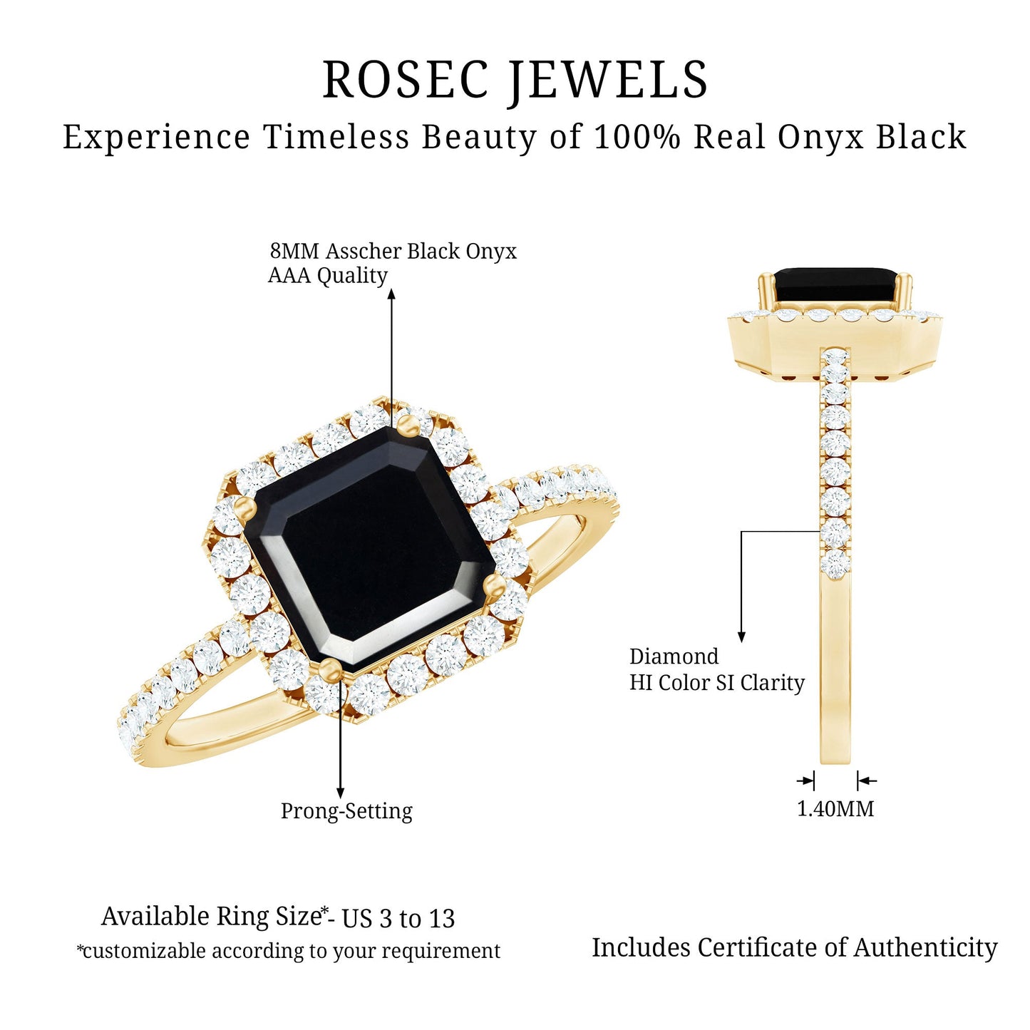 Certified Asscher Cut Black Onyx and Diamond Engagement Ring