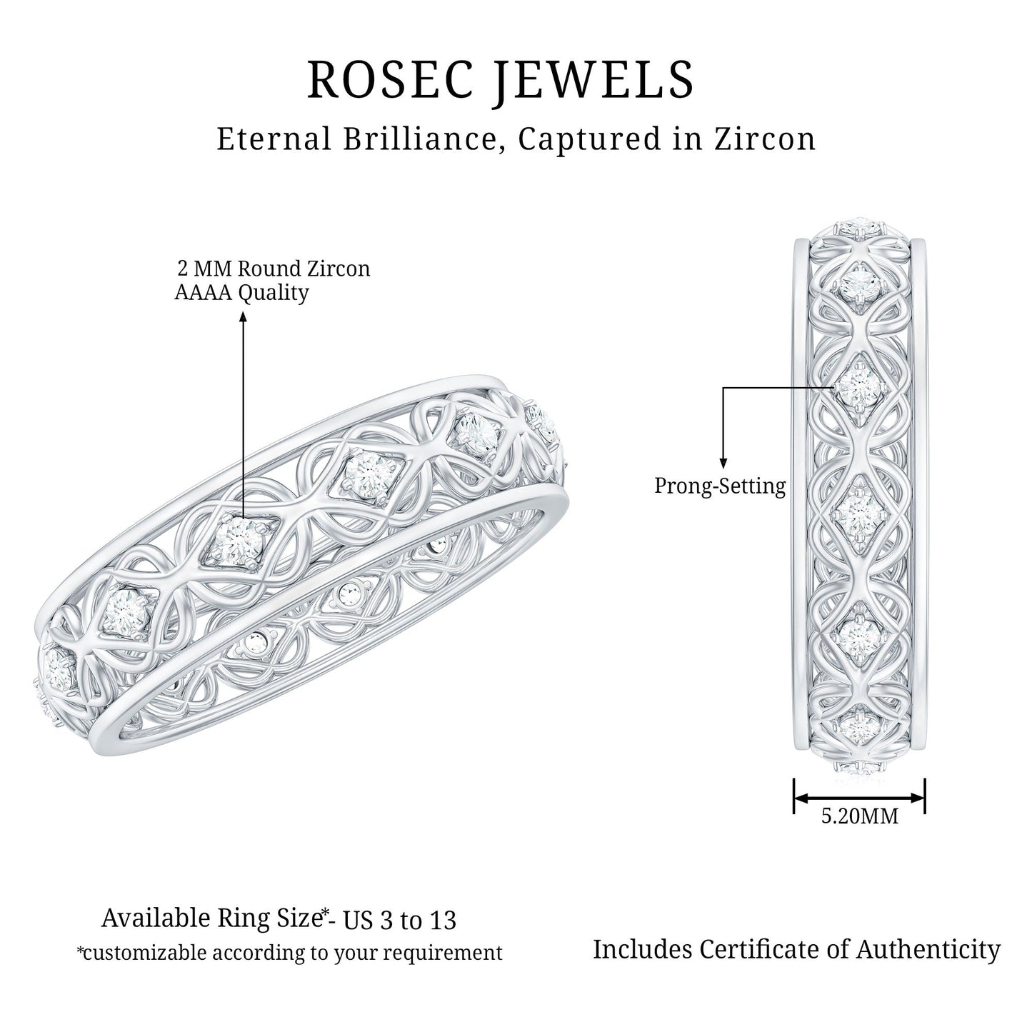 Vintage Inspired Zircon Celtic Knot Full Eternity Band Ring in Gold