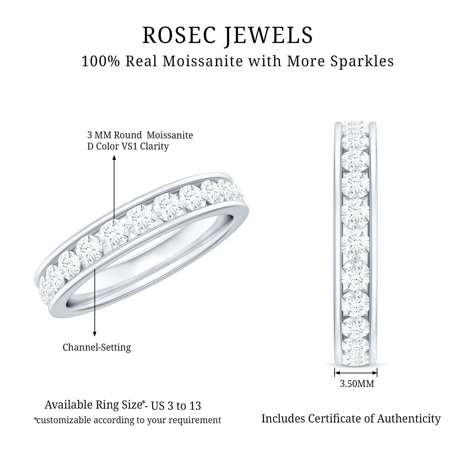 3 CT Channel Set Round Moissanite Full Eternity Band Ring