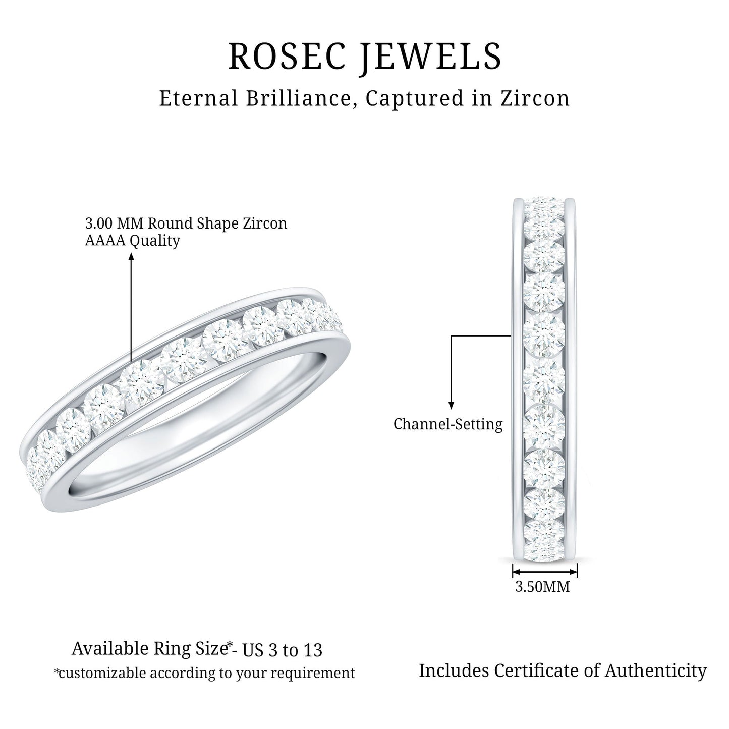 Channel Set Round Cubic Zirconia Full Eternity Band Ring