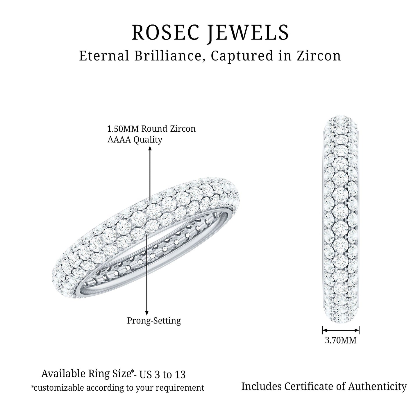 3 Carat Certified Simulated Diamond Three Row Wedding Band