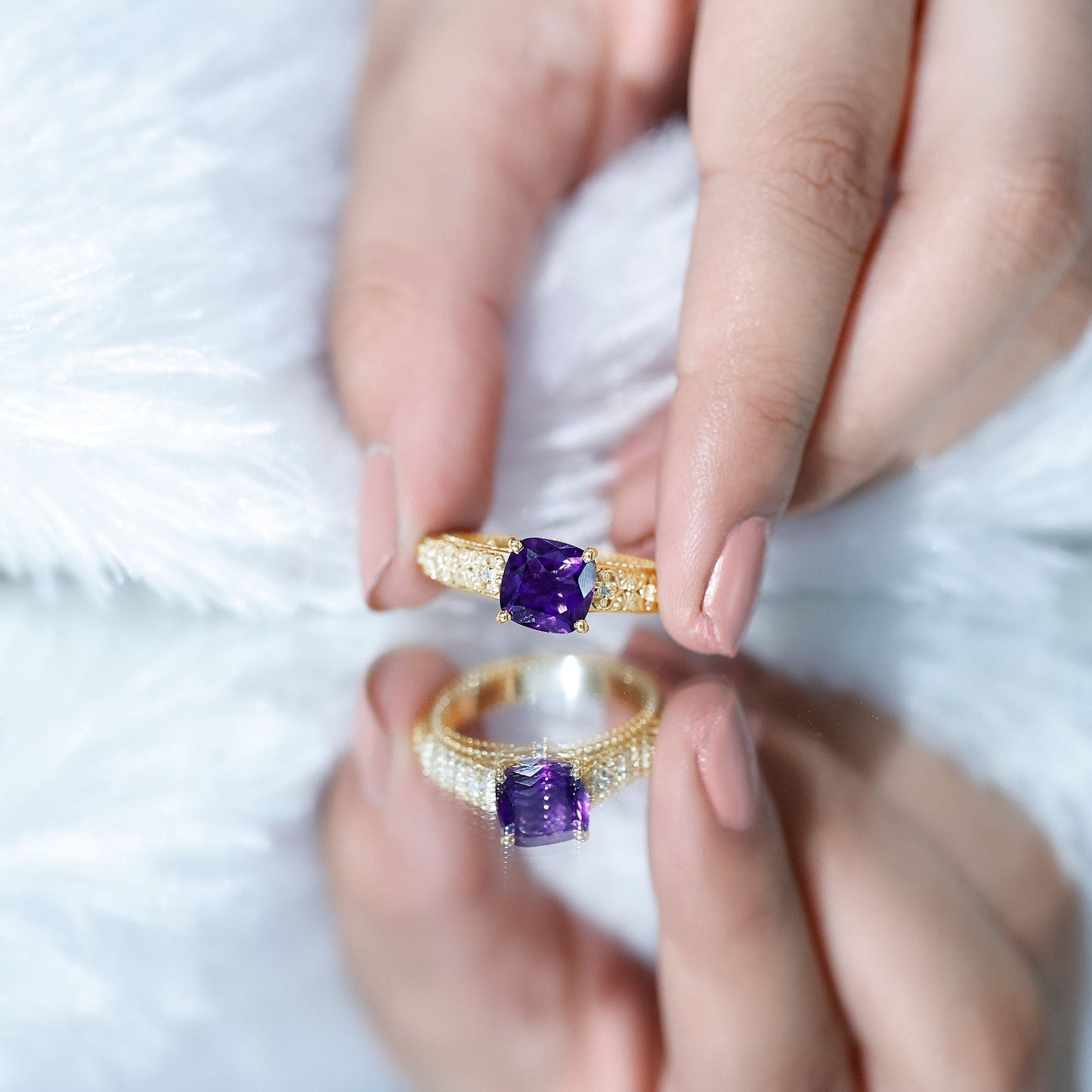 Cushion Cut Solitaire Amethyst Floral Engagement Ring with Diamond