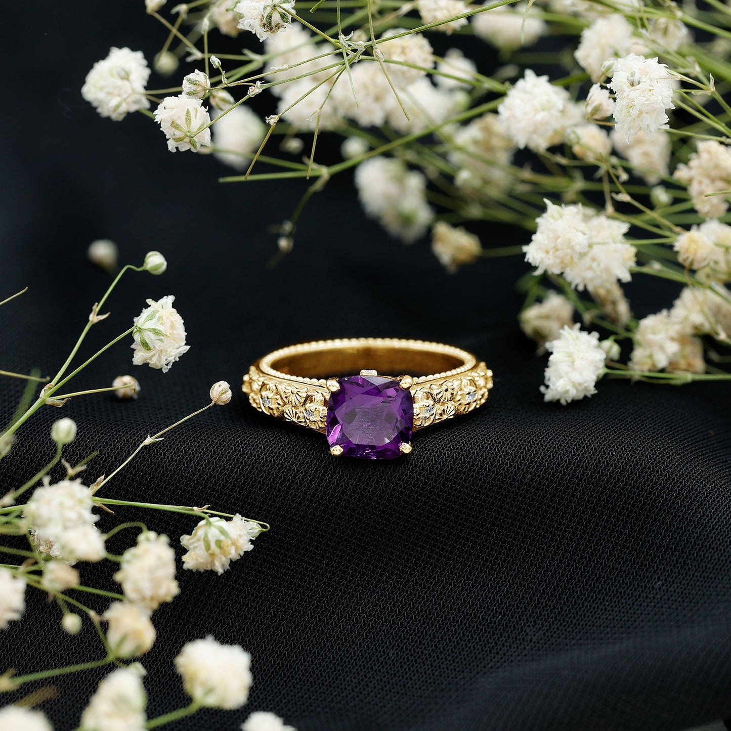 Cushion Cut Solitaire Amethyst Floral Engagement Ring with Diamond