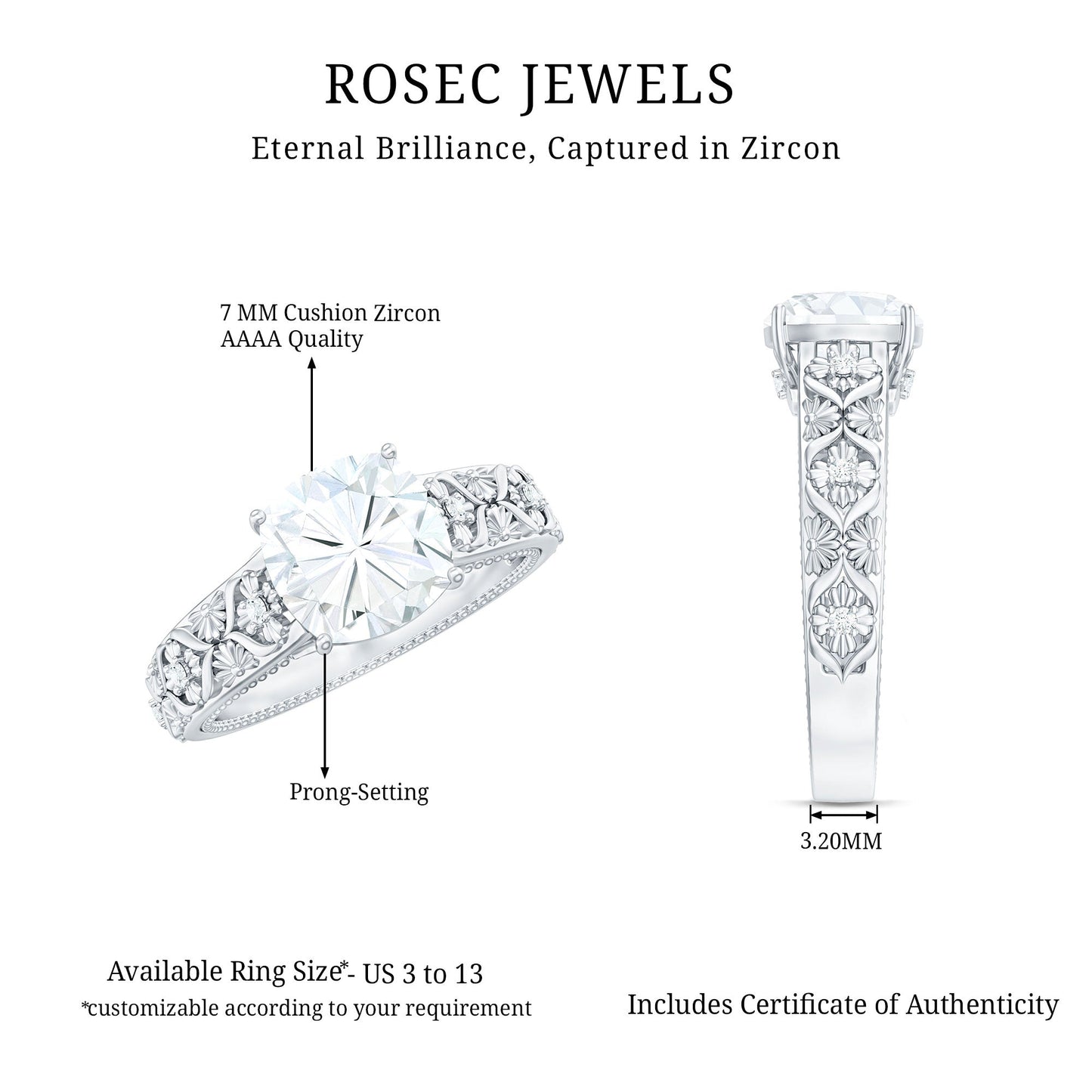 Cushion Cut Solitaire Zircon Gold Floral Engagement Ring