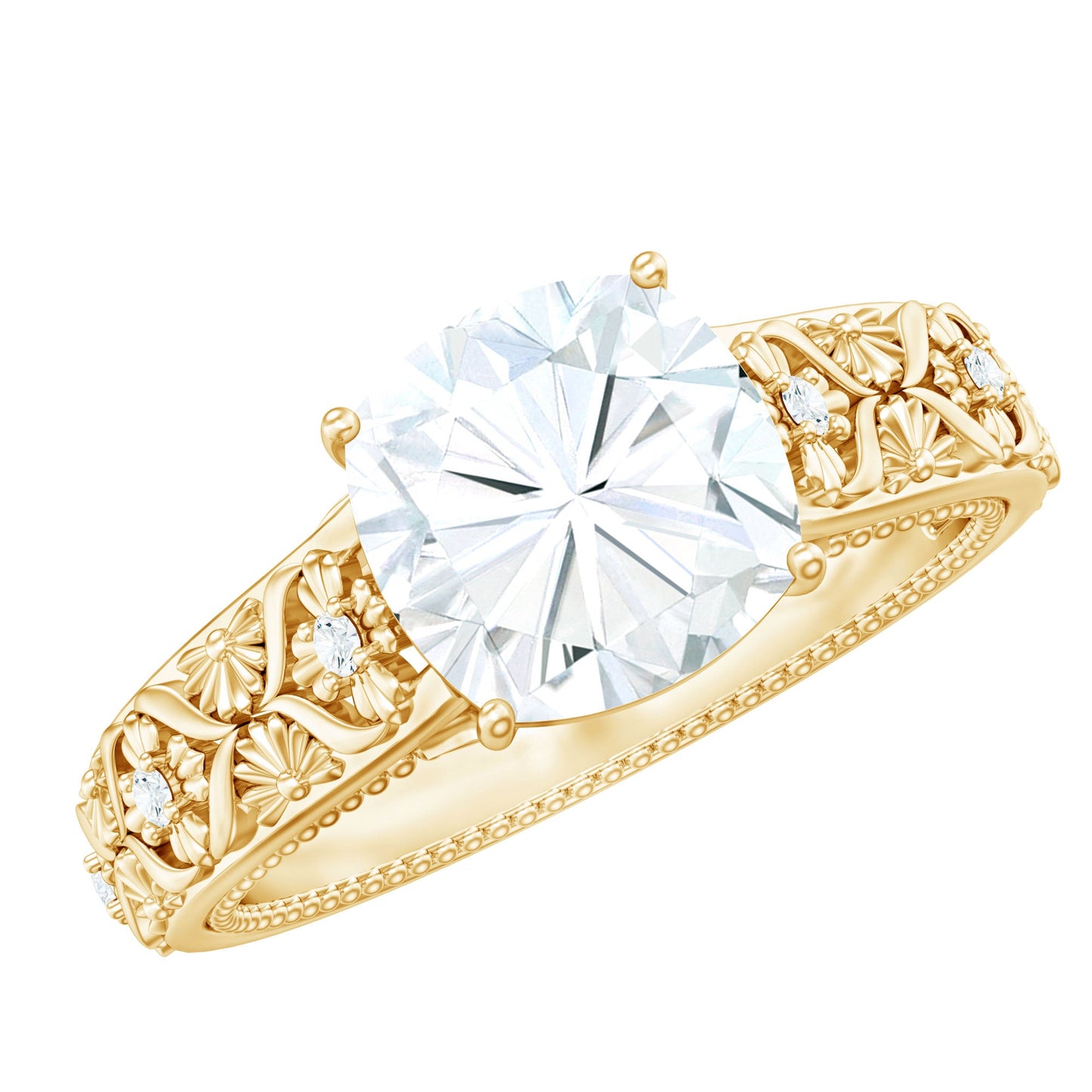 Cushion Cut Solitaire Zircon Gold Floral Engagement Ring
