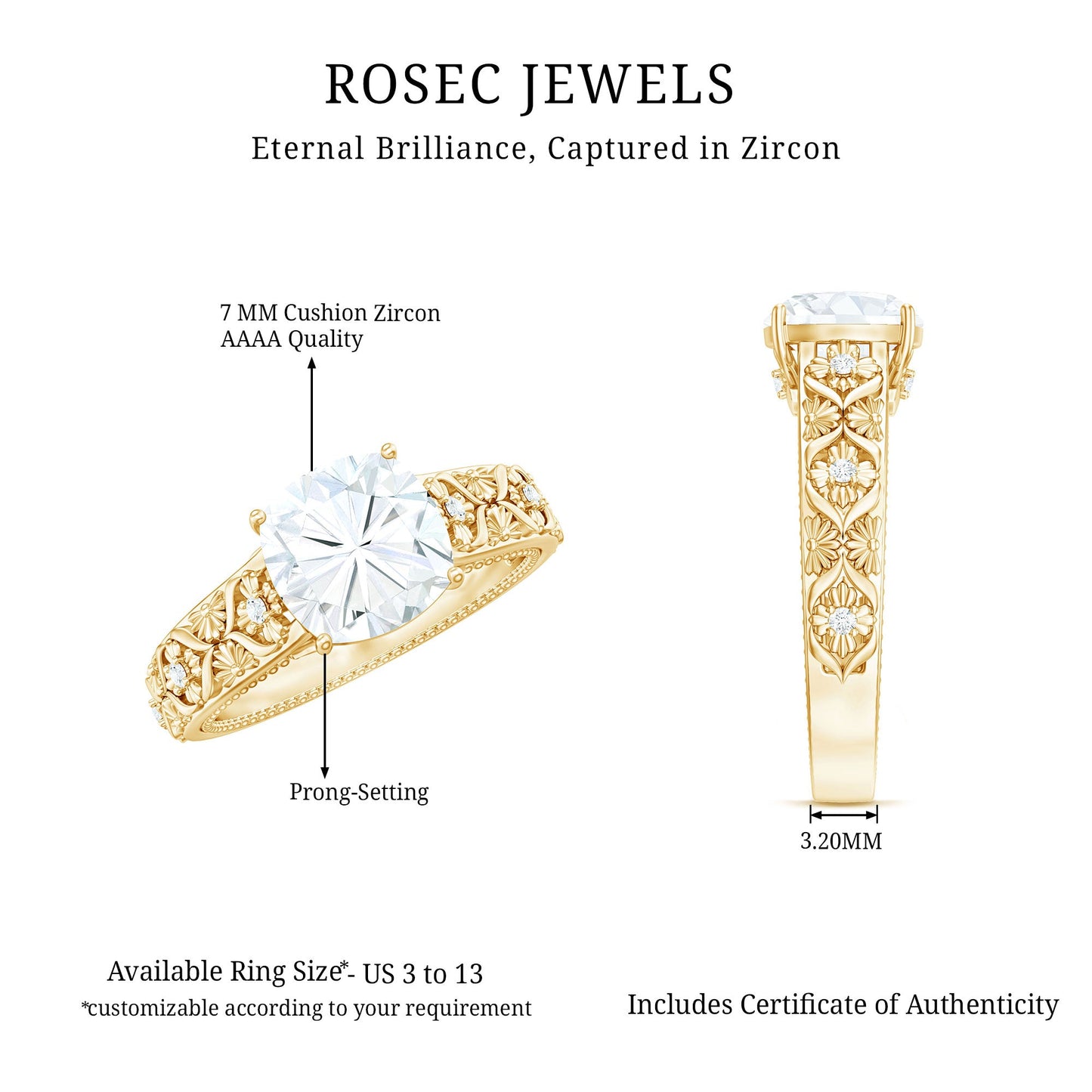 Cushion Cut Solitaire Zircon Gold Floral Engagement Ring