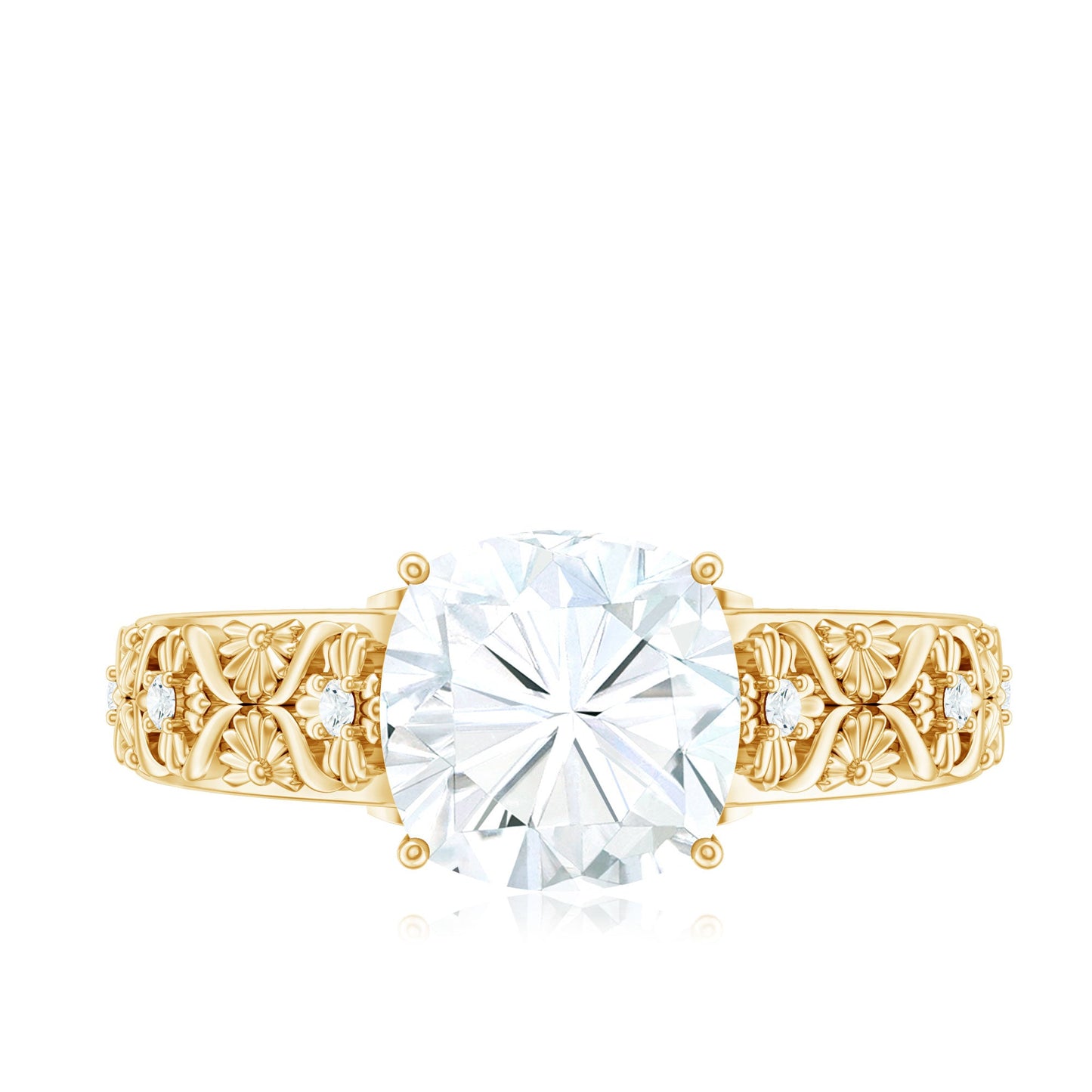 Cushion Cut Solitaire Zircon Gold Floral Engagement Ring