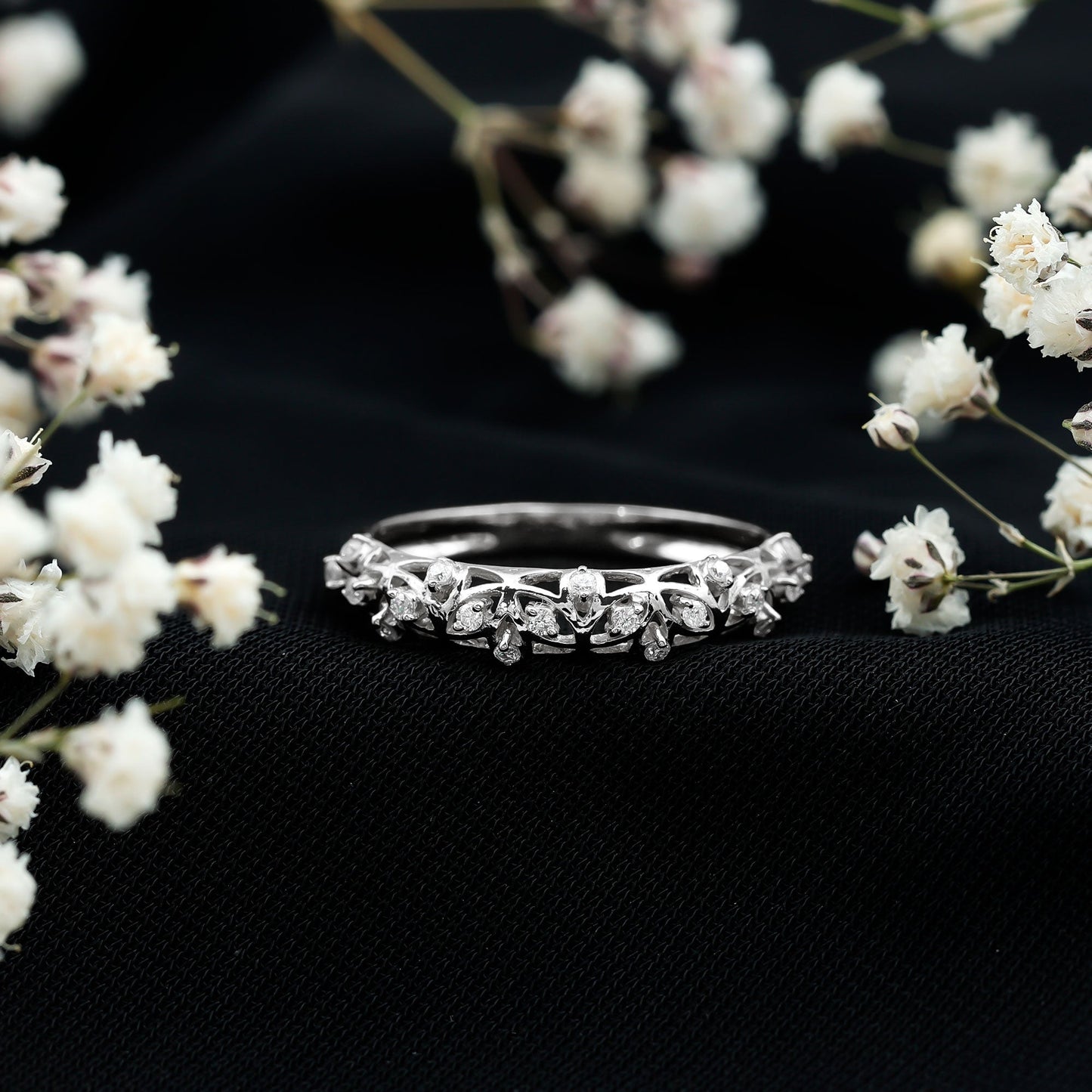 Round Zircon Semi Eternity Band with Filigree Details
