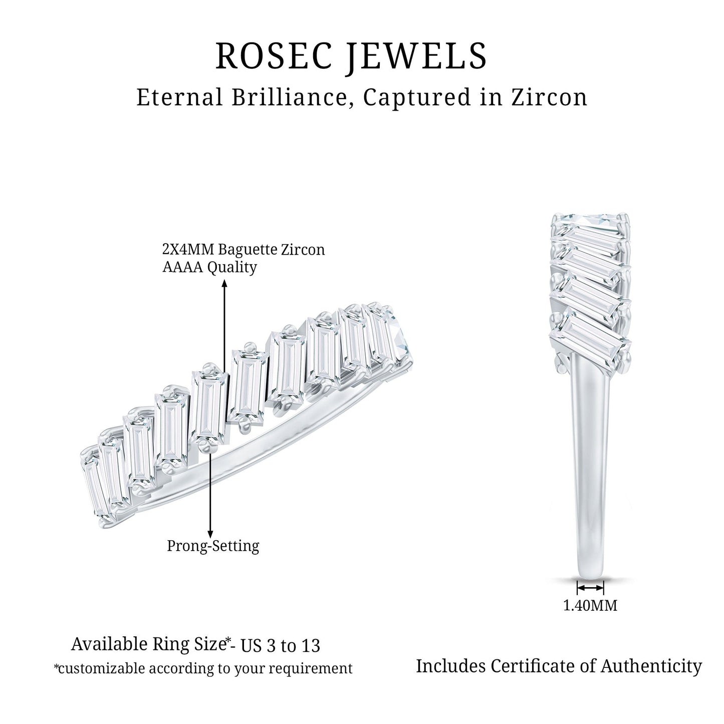 Tilted Baguette Cut Simulated Diamond Half Eternity Ring