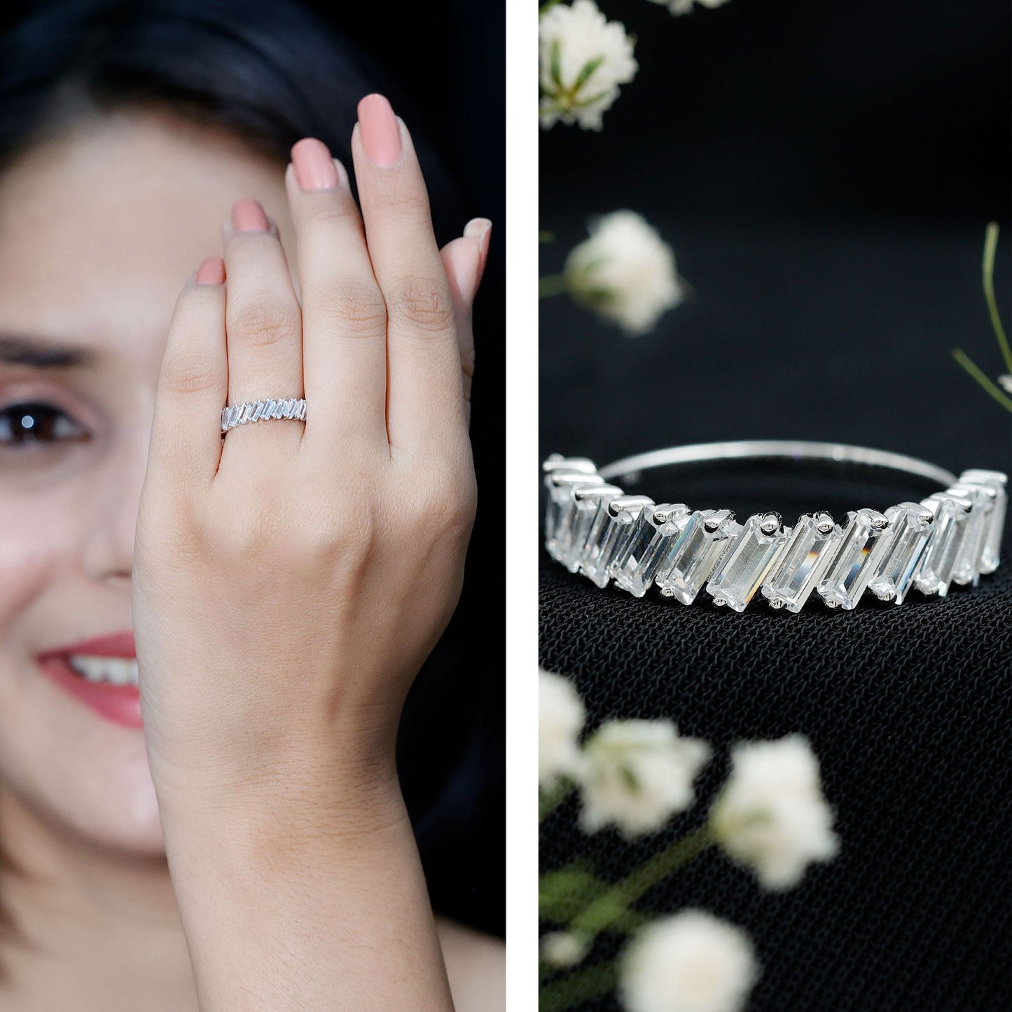 Tilted Baguette Cut Simulated Diamond Half Eternity Ring