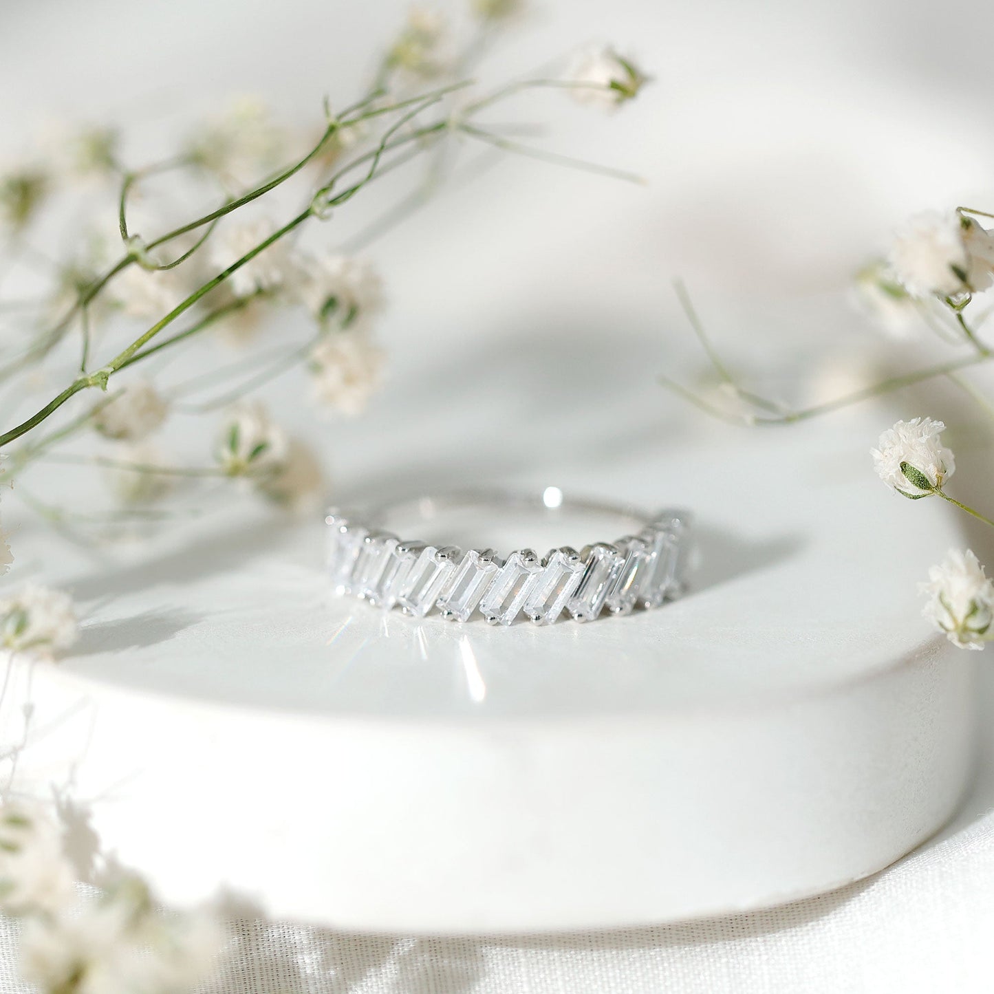 Tilted Baguette Cut Simulated Diamond Half Eternity Ring