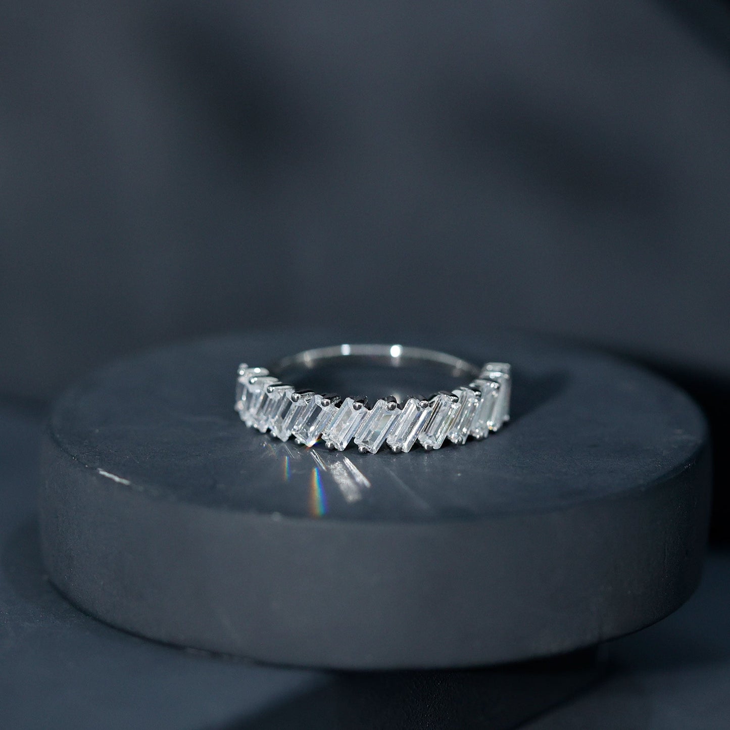 Tilted Baguette Cut Simulated Diamond Half Eternity Ring