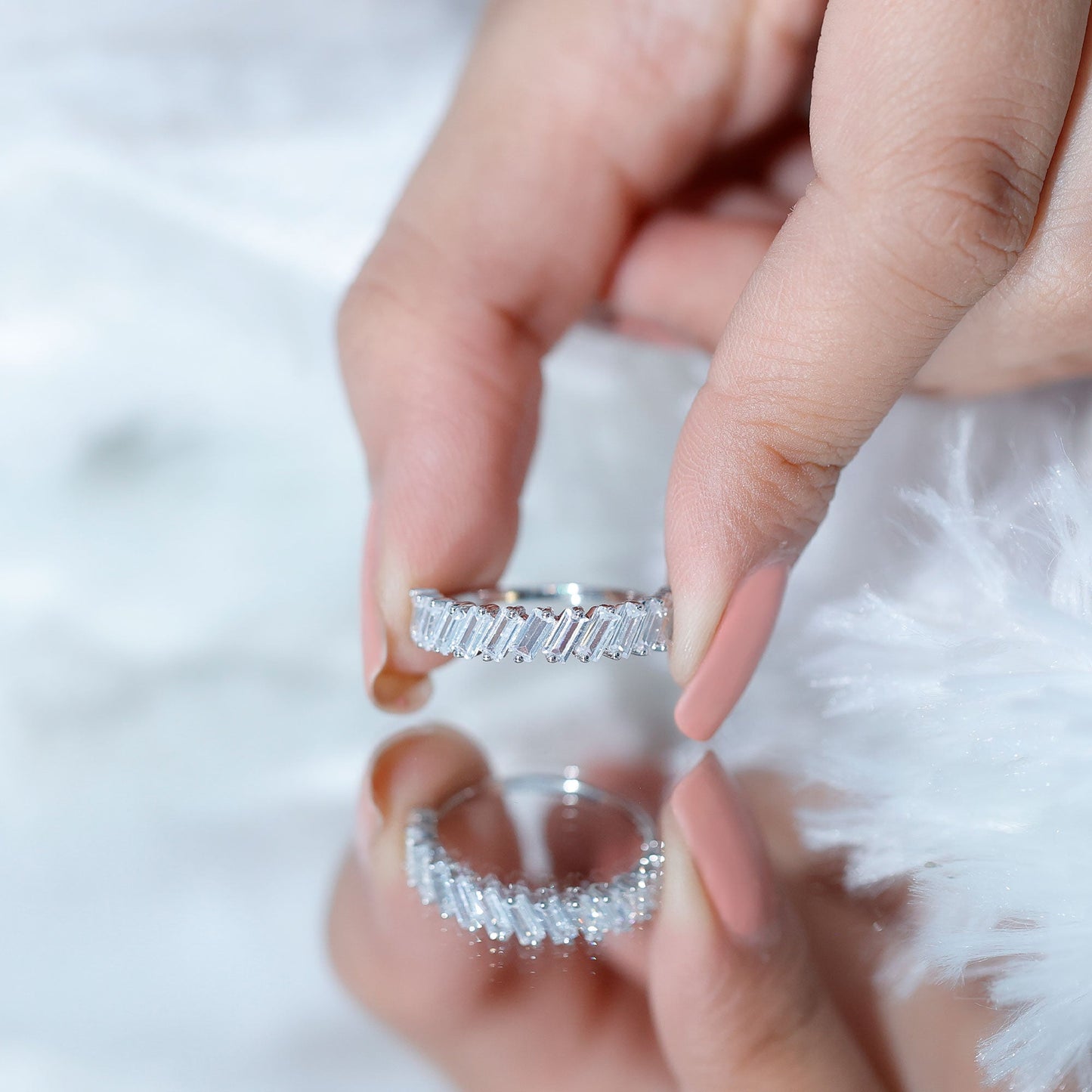 Tilted Baguette Cut Simulated Diamond Half Eternity Ring