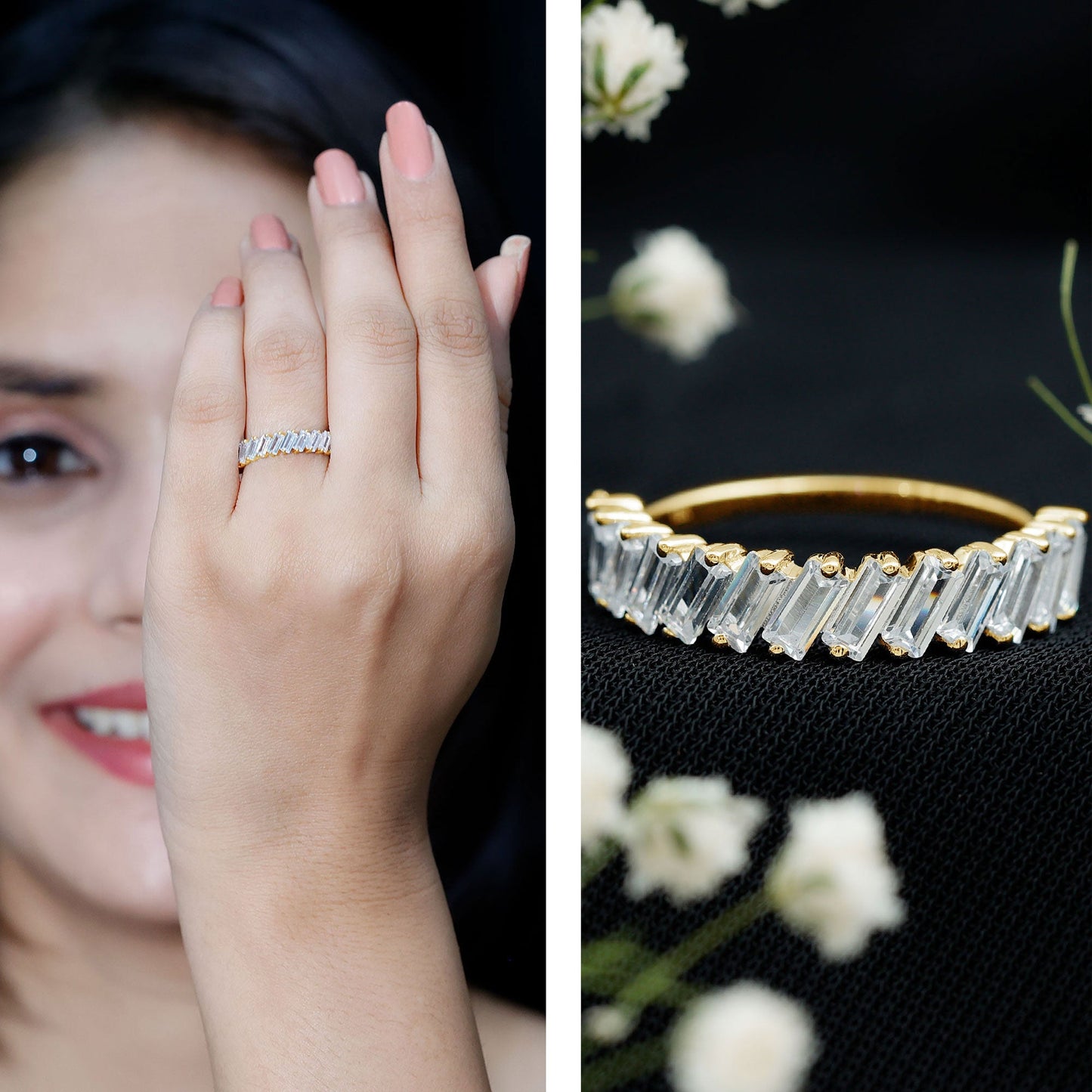 Tilted Baguette Cut Simulated Diamond Half Eternity Ring