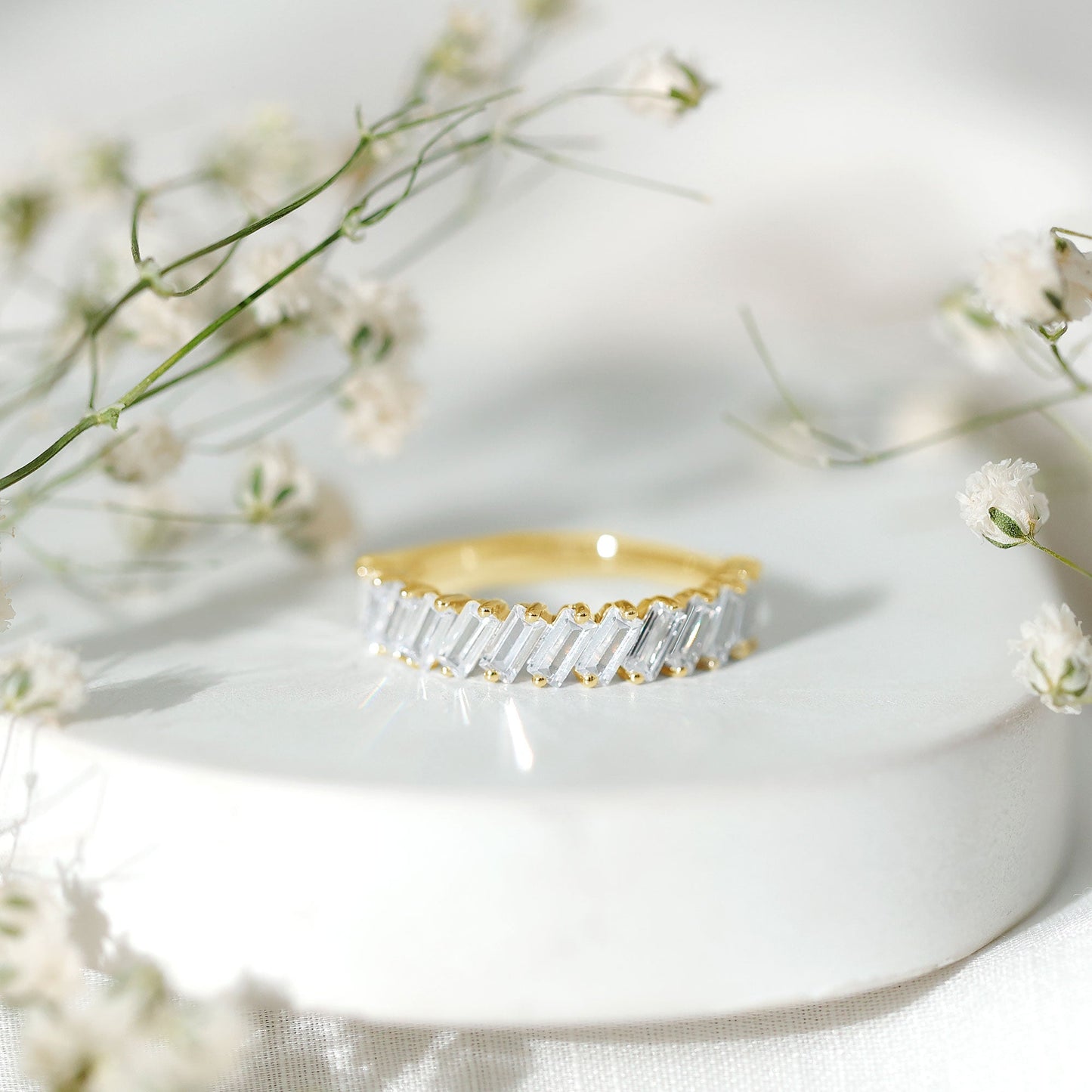 Tilted Baguette Cut Simulated Diamond Half Eternity Ring