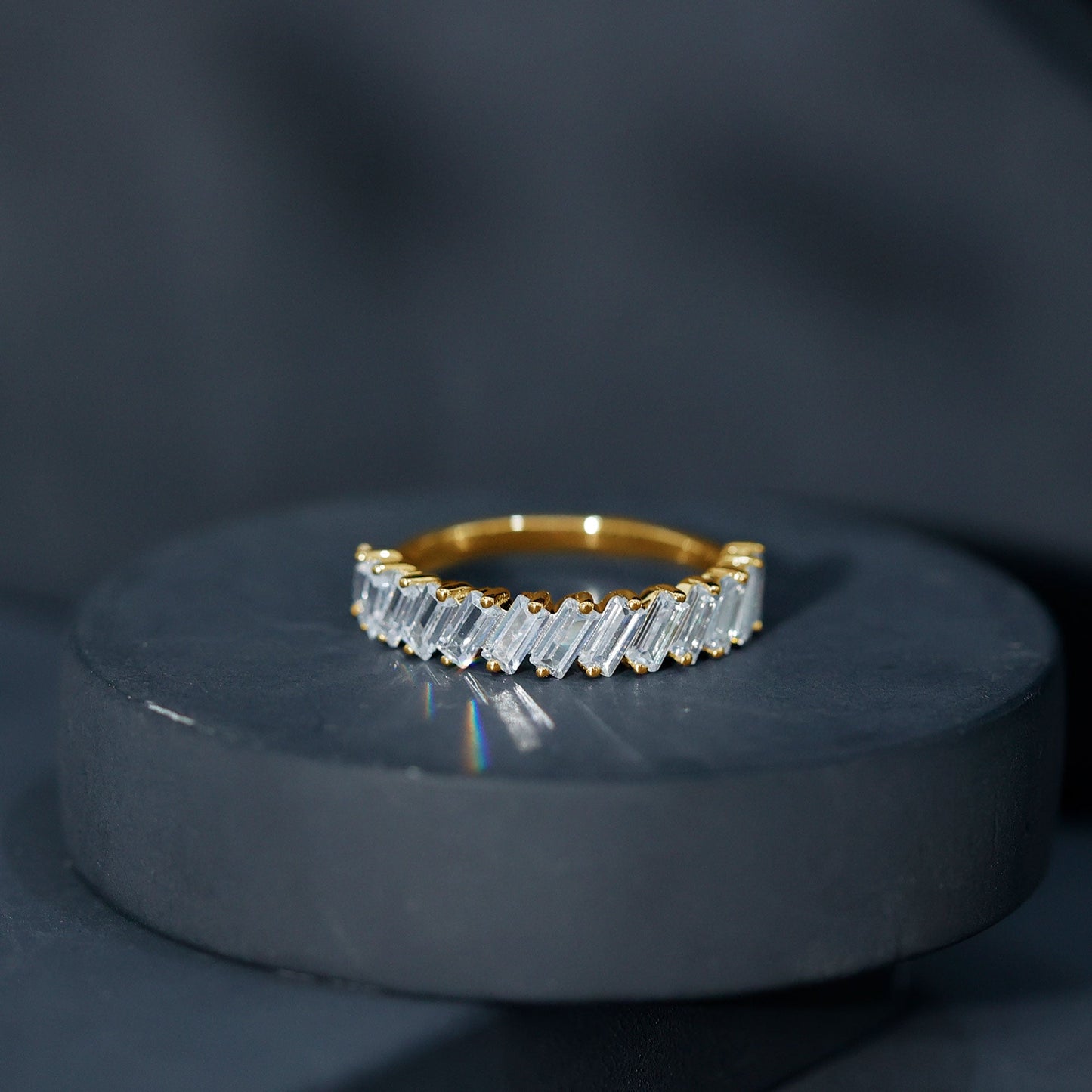 Tilted Baguette Cut Simulated Diamond Half Eternity Ring
