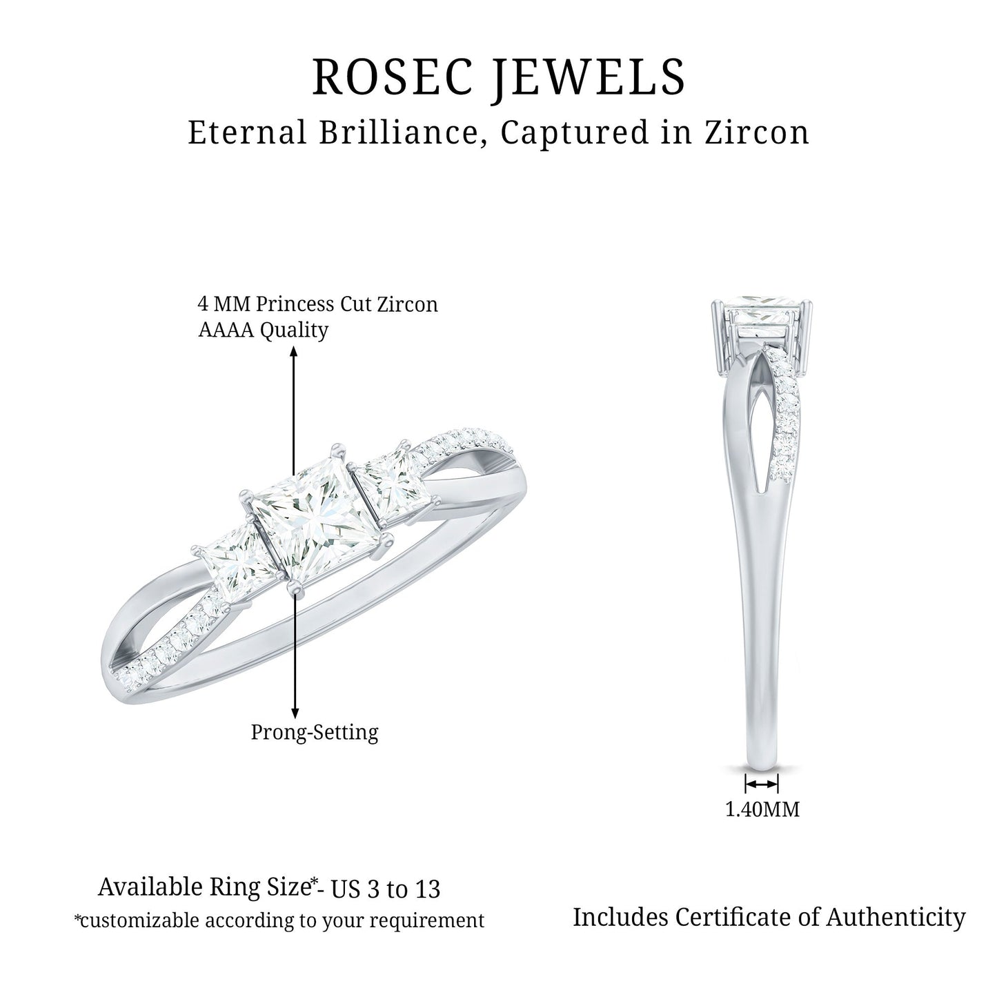 3/4 CT Princess Cut Three Stone Zircon Infinity Promise Ring