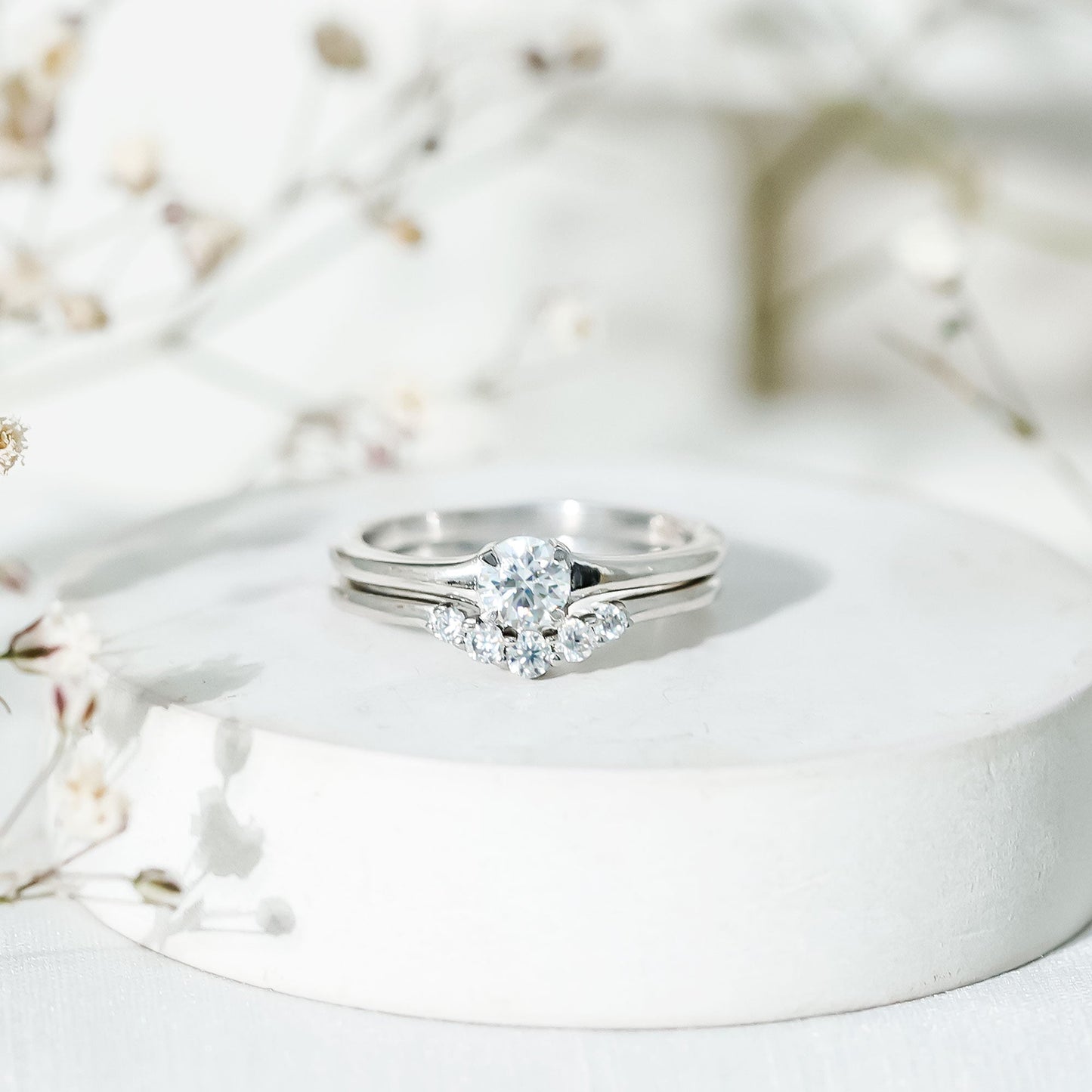 Round Cut Moissanite Engagement Ring with Wedding Band
