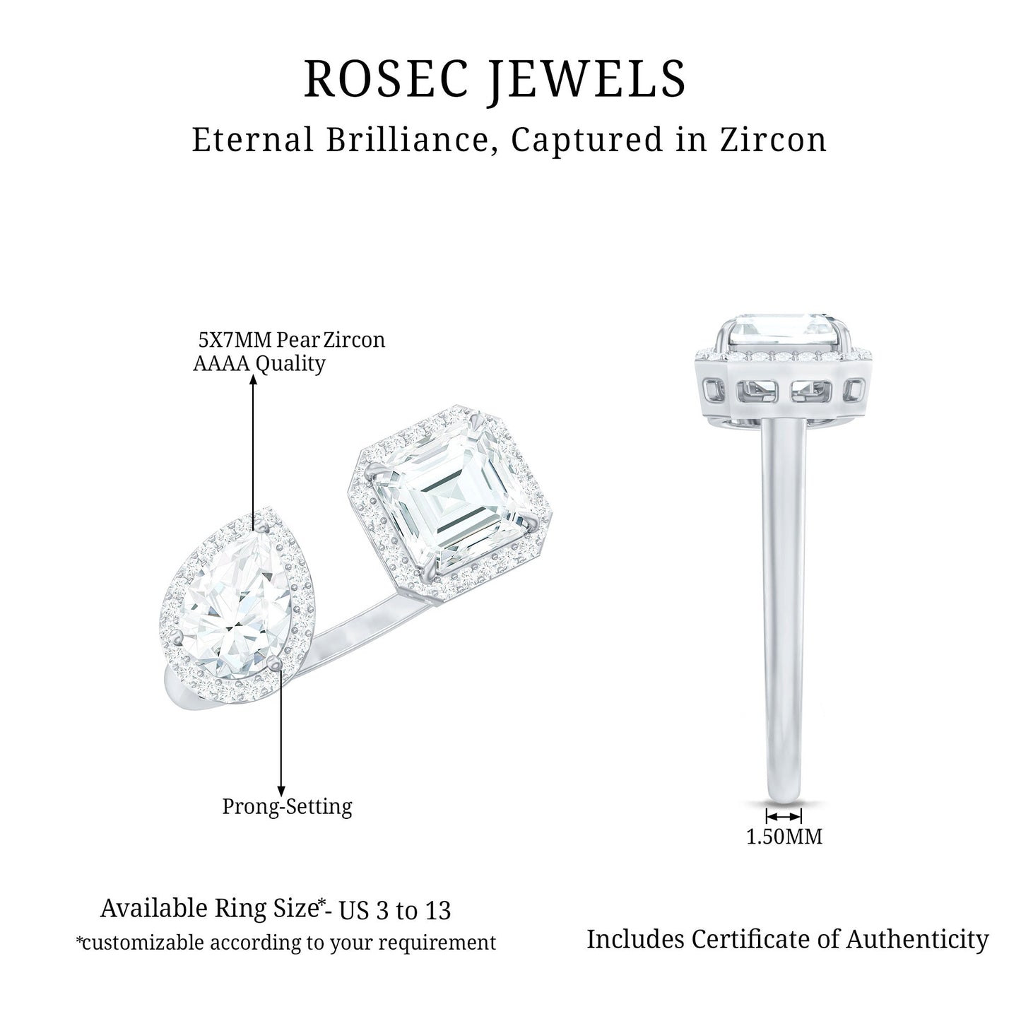 Certified Simulated Diamond Two Stone Cuff Engagement Ring