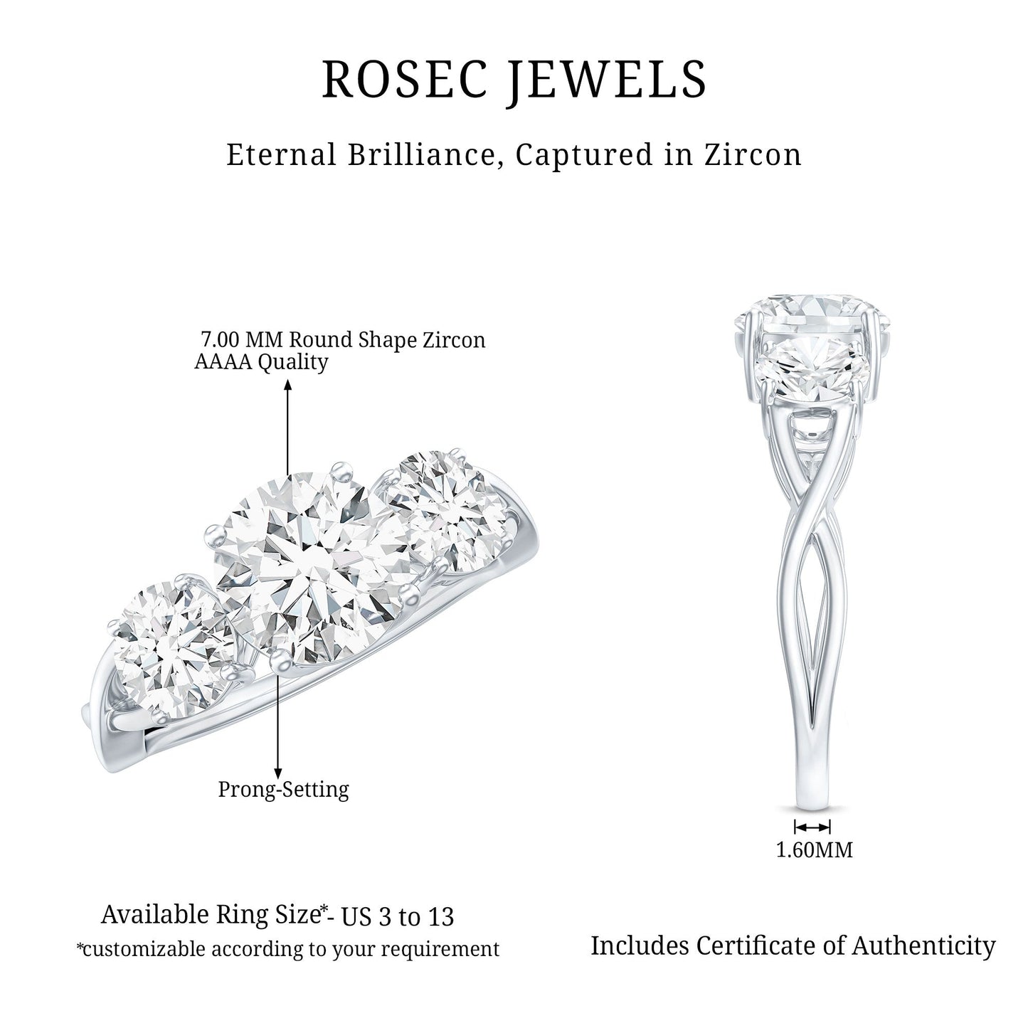 3 Stone Round Cubic Zirconia Crossover Engagement Ring
